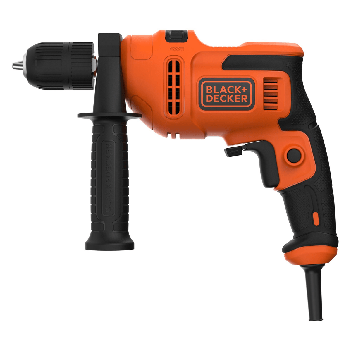 Un taladro percutor Black+Decker naranja y negro con mango lateral sobre fondo blanco.