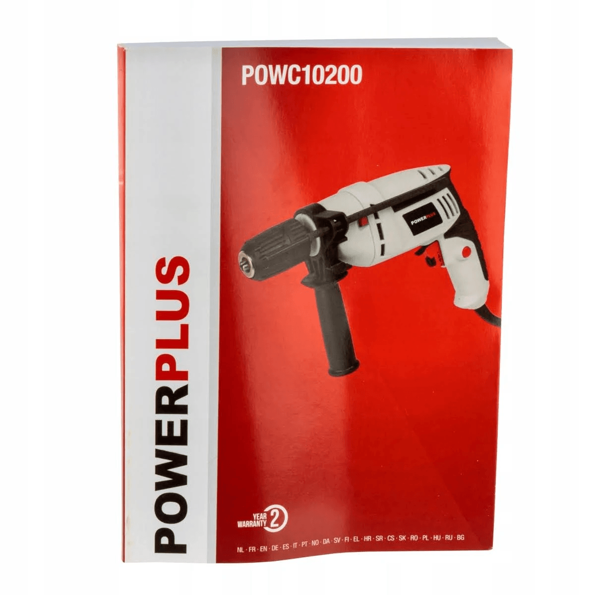 Portada del manual del taladro Powerplus POWC10200 rojo y blanco.