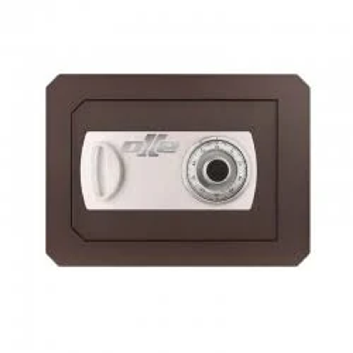 Una caja fuerte marrón con placa plateada, perilla y cerradura de combinación sobre fondo blanco.