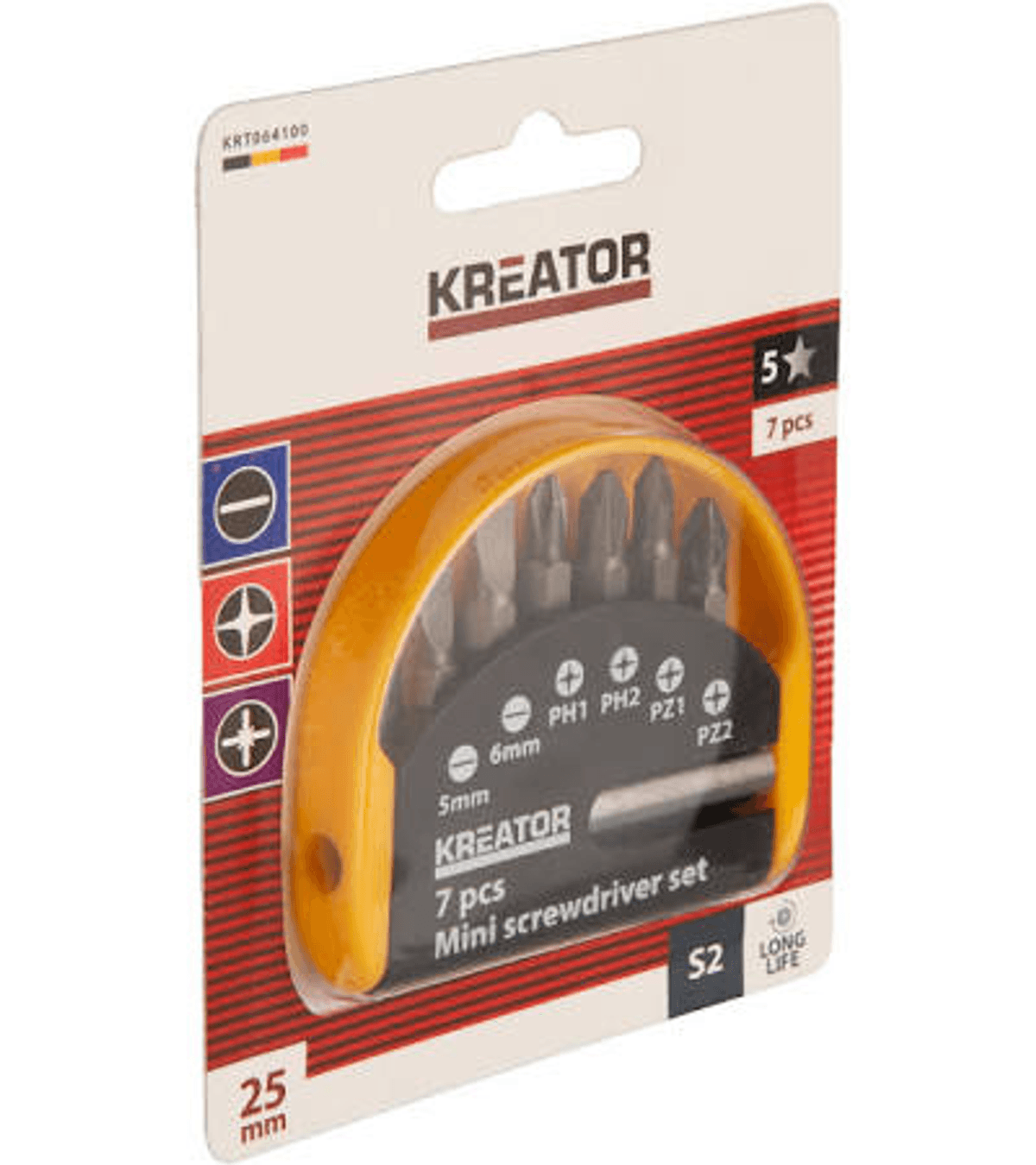 Juego de 7 mini destornilladores Kreator en envase amarillo con varias puntas visibles.