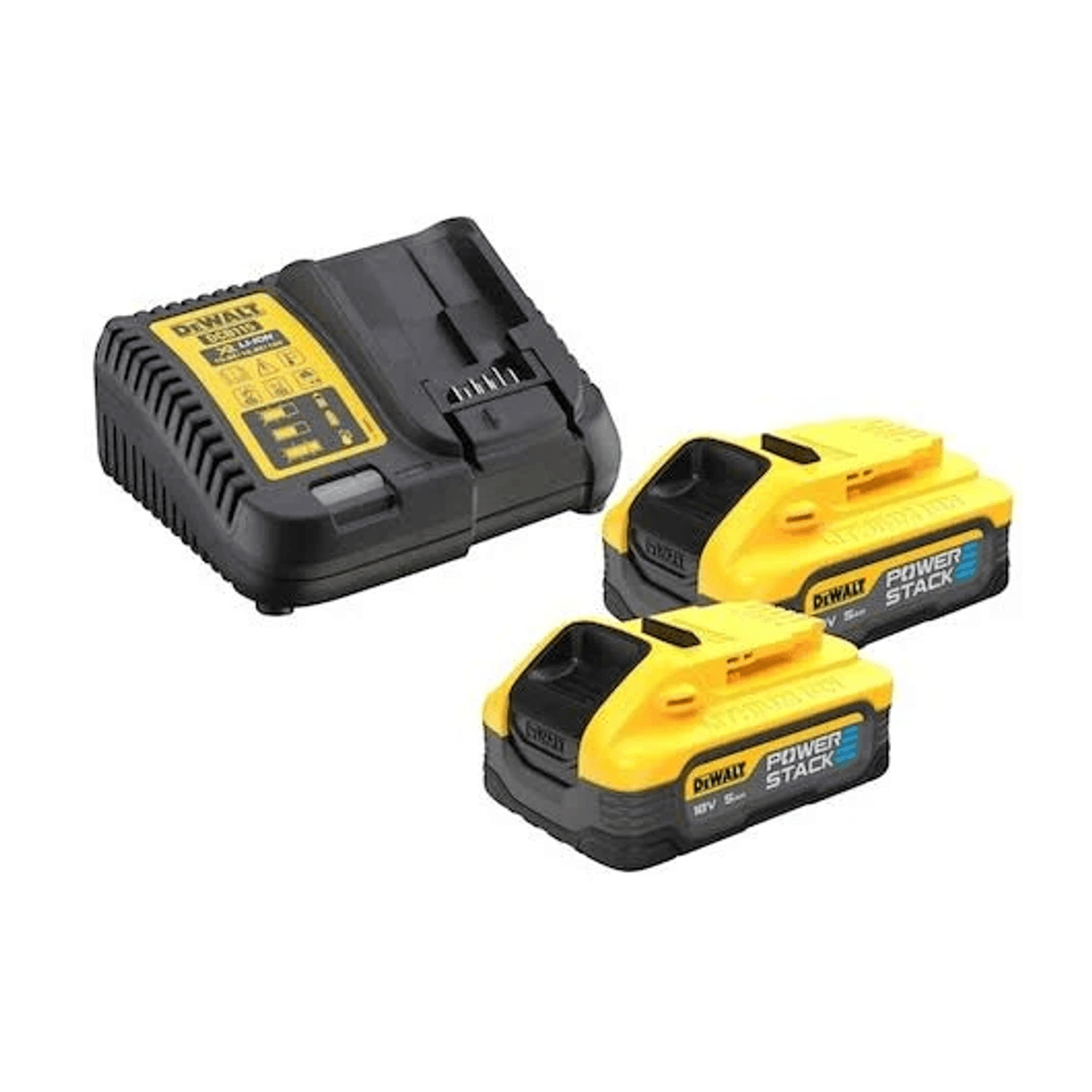 Un cargador de batería DeWalt negro y dos baterías DeWalt Powerstack amarillas y negras sobre fondo blanco.