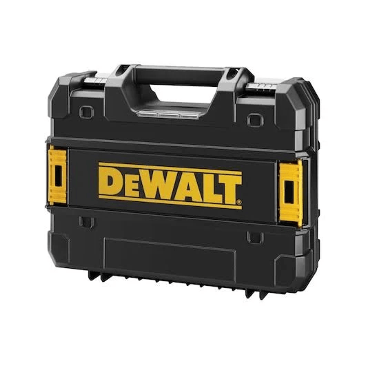 Caja de herramientas DeWalt negra con detalles amarillos y asa integrada sobre fondo blanco.