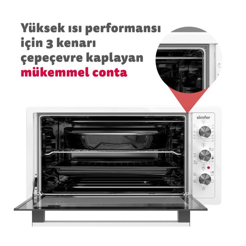Açık kapaklı, tel raflı ve contası yakından gösterilen beyaz Simfer fırın.