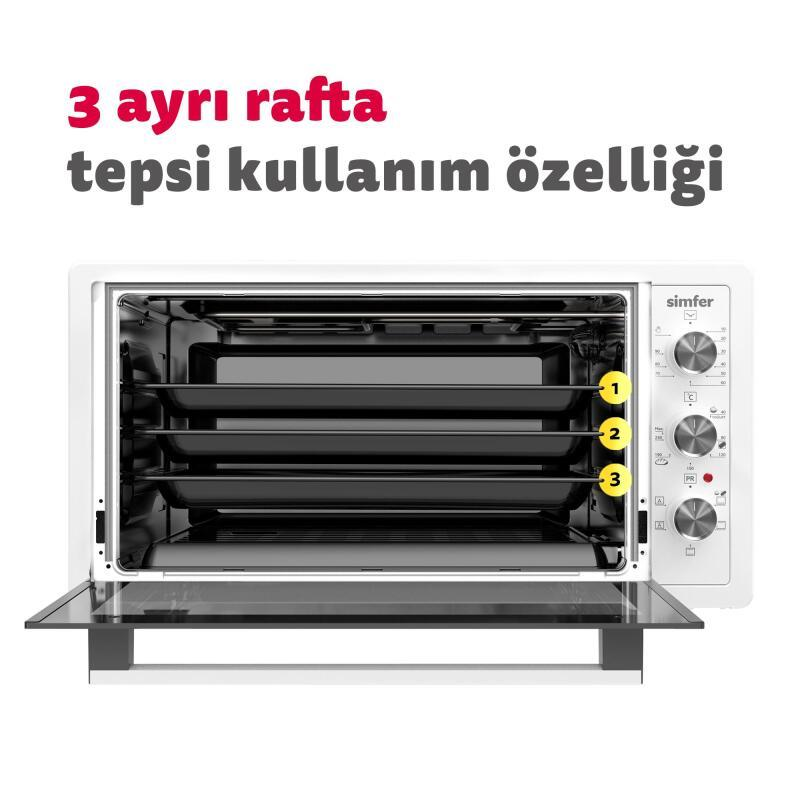 Farklı raflarda üç tepsi bulunan beyaz Simfer fırın.