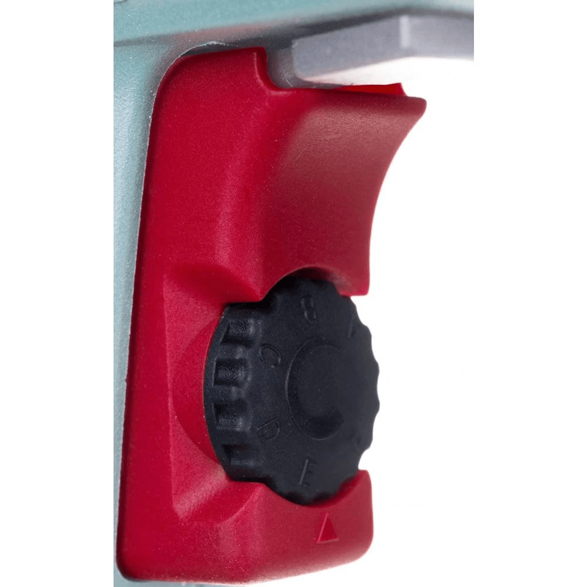 Un gatillo de herramienta rojo con un selector de velocidad negro integrado.