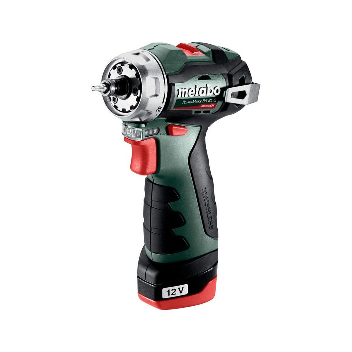 Un taladro inalámbrico Metabo de 12V verde y negro sobre fondo blanco.