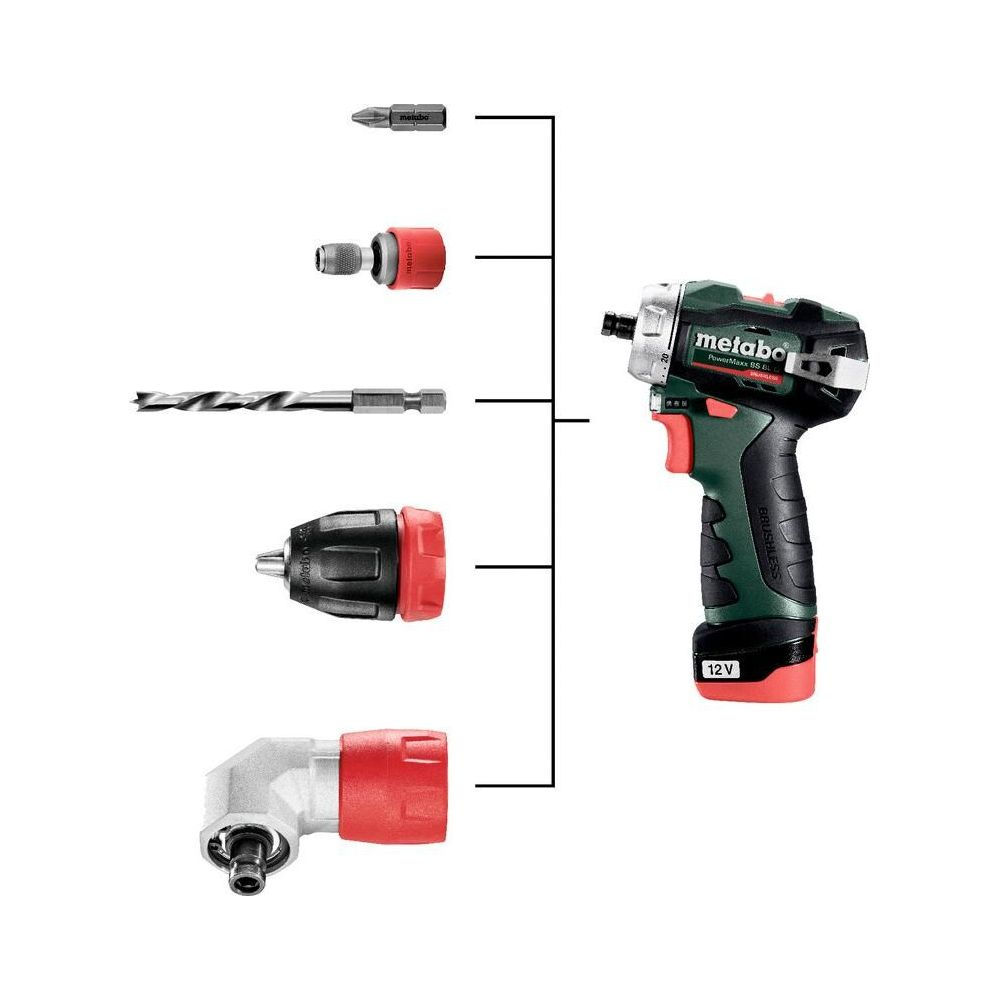 Taladro inalámbrico Metabo de 12V con portabrocas y brocas intercambiables sobre fondo blanco.