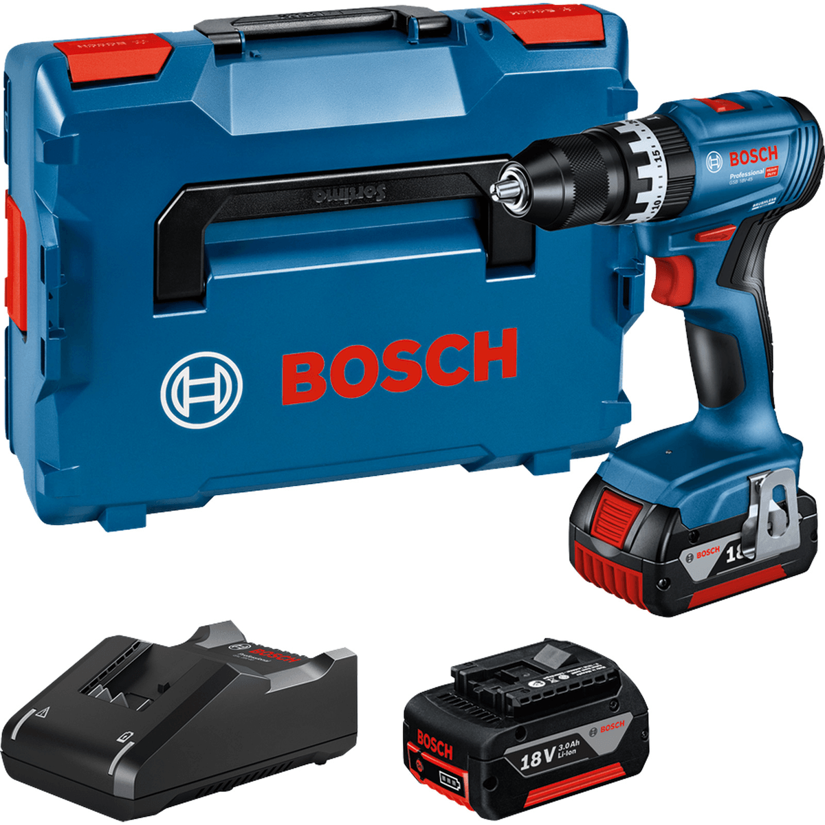 Un taladro inalámbrico Bosch azul con maletín azul, batería de 18V y cargador sobre fondo blanco.