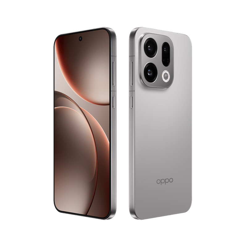 Vista anteriore e posteriore di uno smartphone OPPO argento con tripla fotocamera.