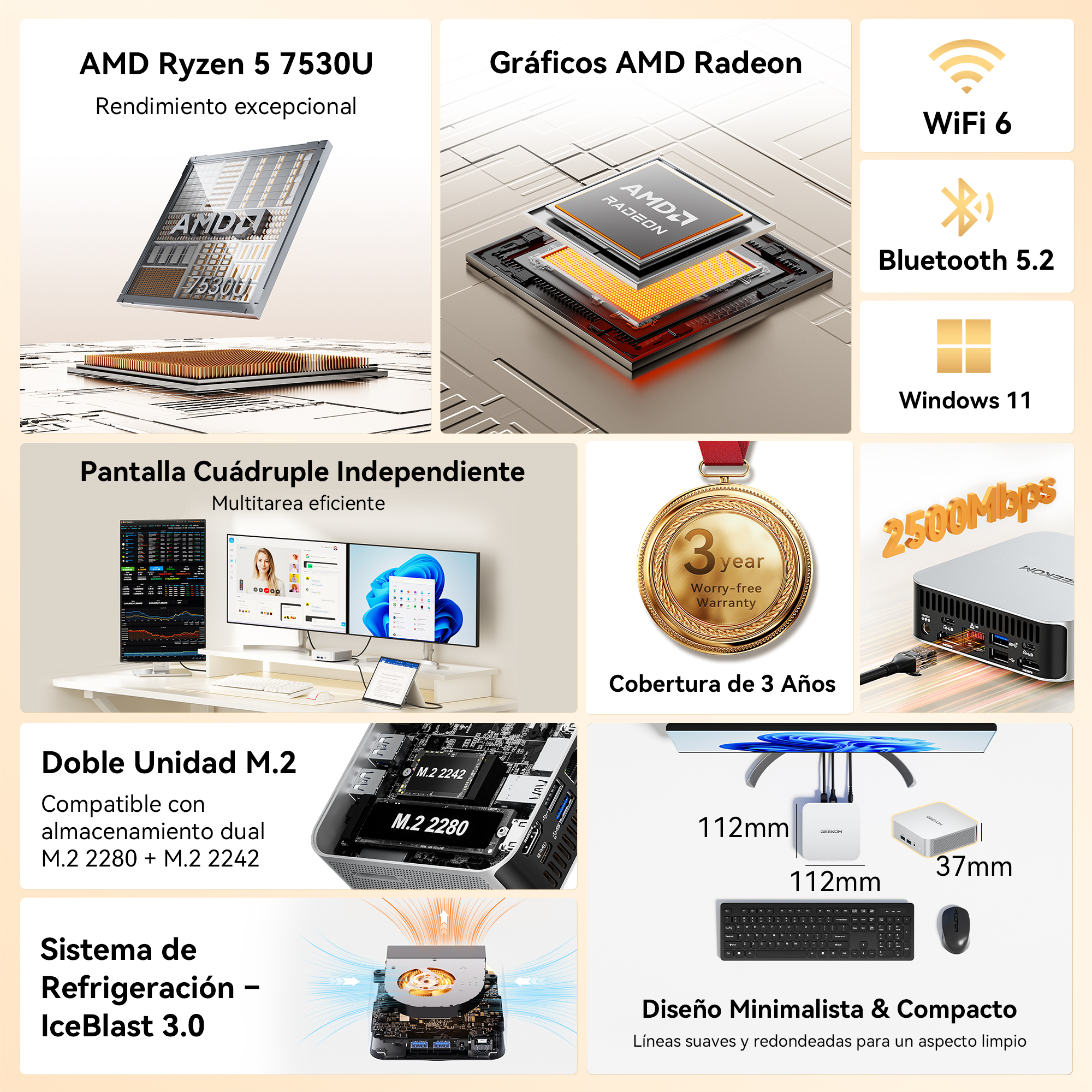 Características del producto con procesador AMD, gráficos, Wi-Fi 6, garantía de 3 años y diseño compacto.