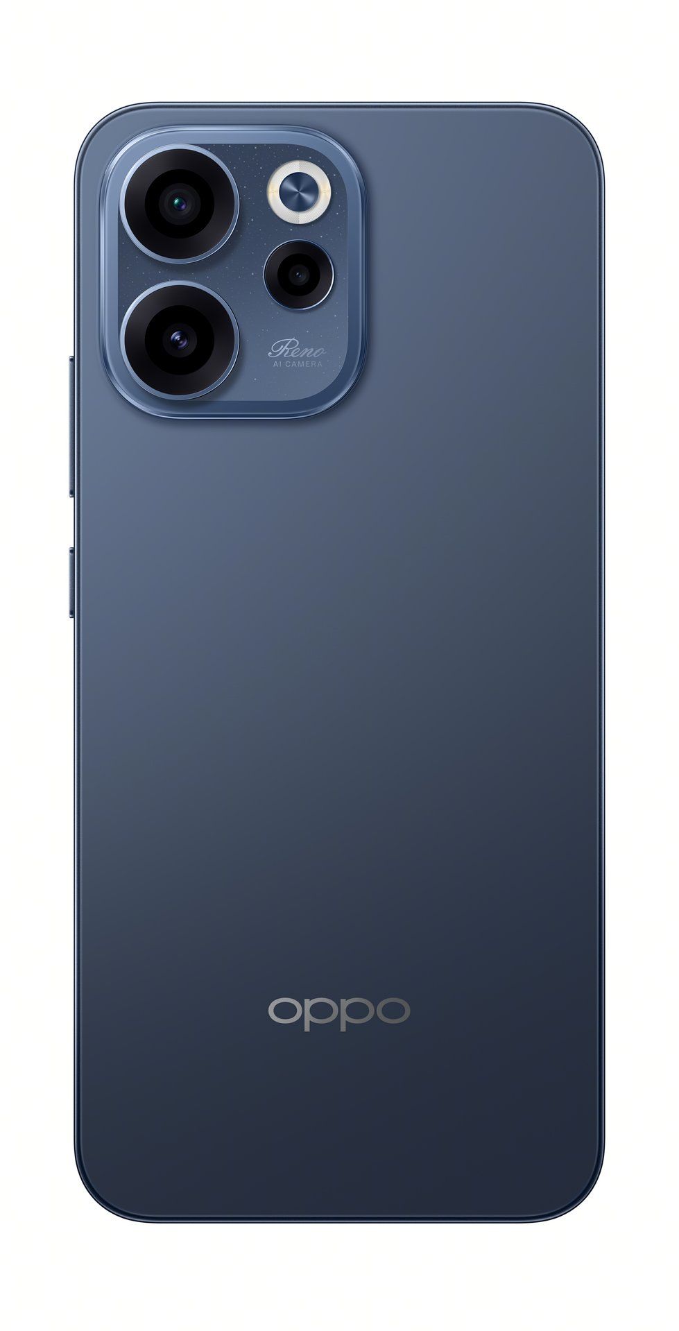 Parte trasera de un smartphone OPPO azul con triple cámara y logotipo.