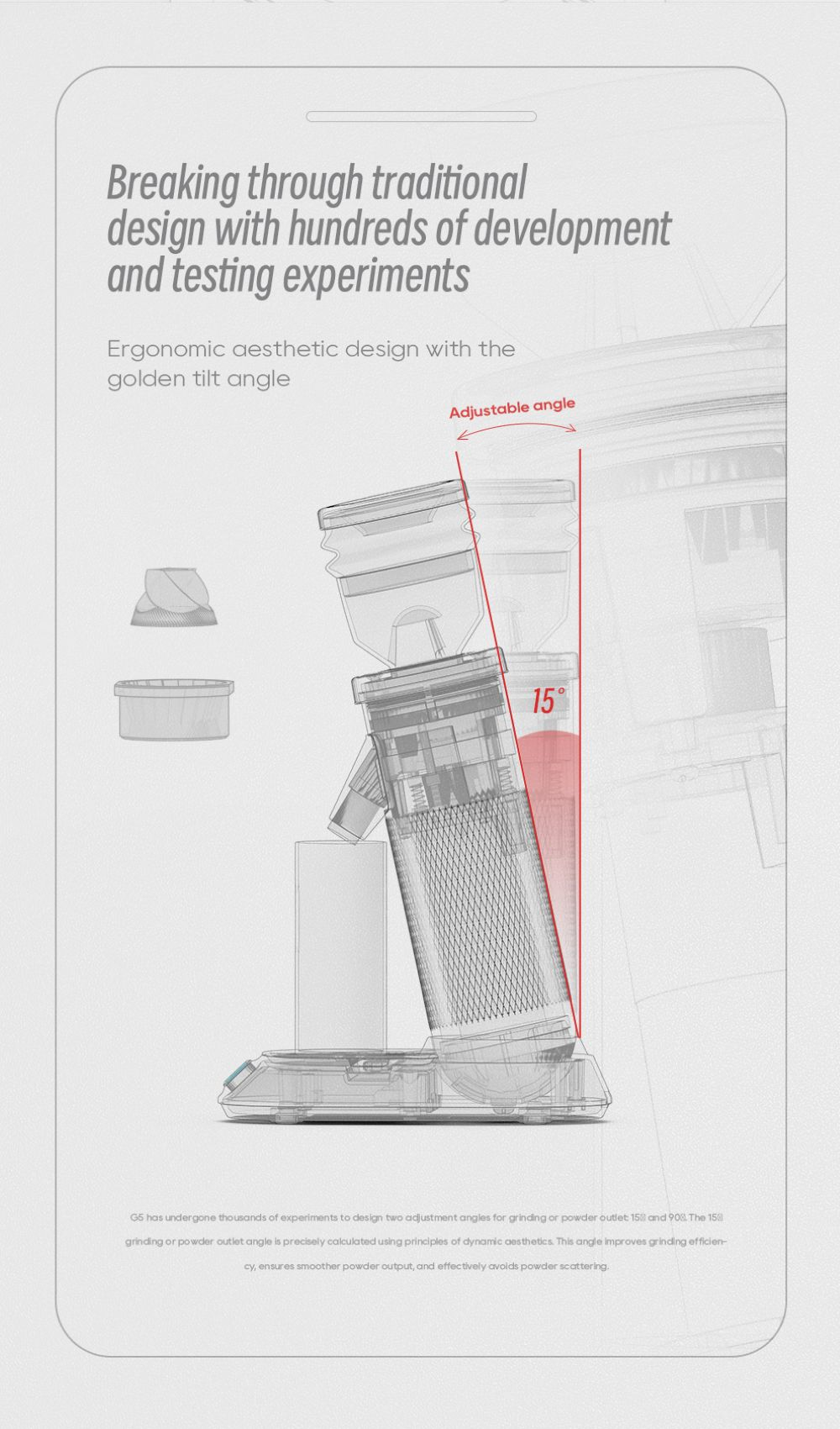 Diagramma che illustra il design ergonomico e gli angoli di inclinazione di un macinacaffè.
