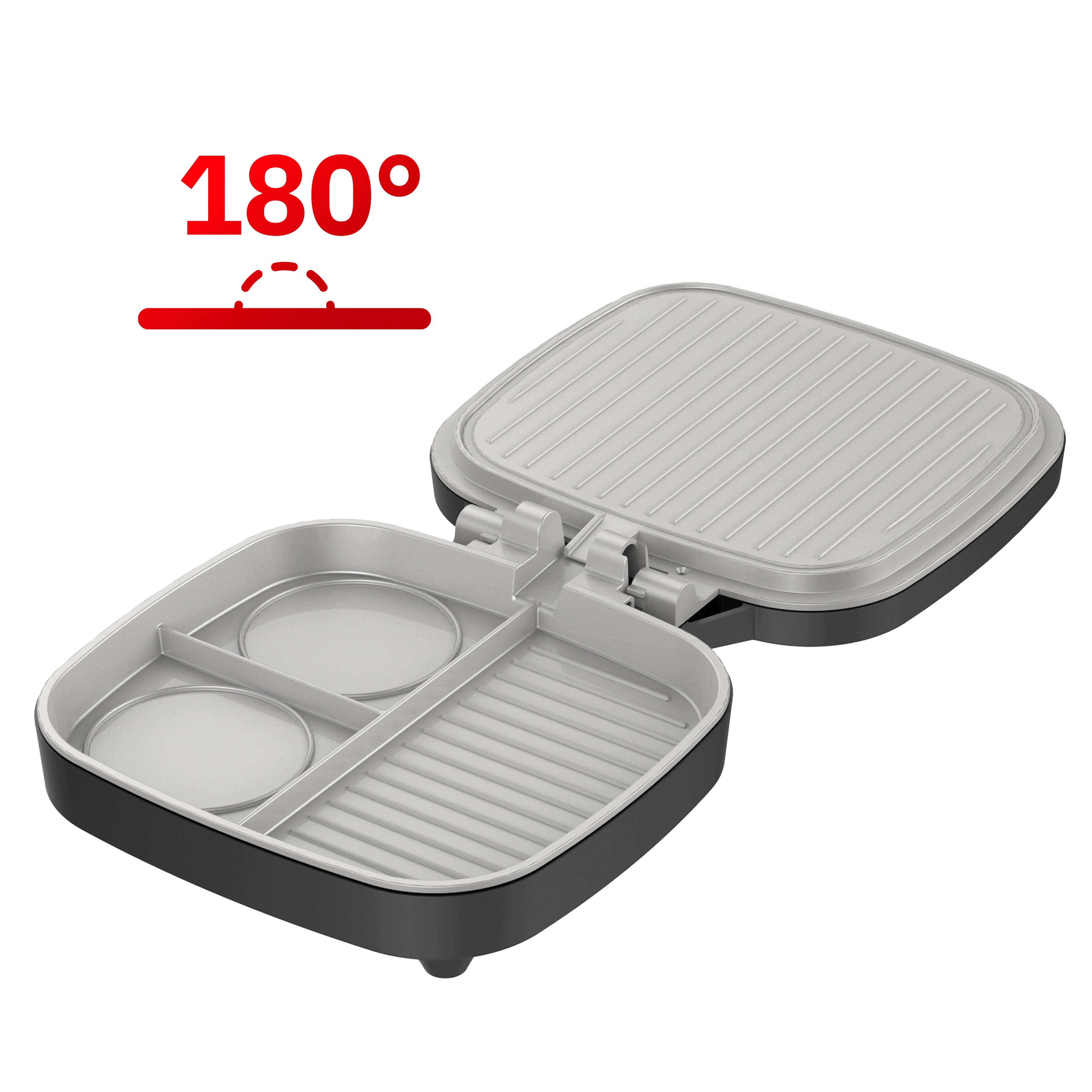 Ein offener schwarz-silberner Kontaktgrill mit geteilten Platten und einer roten 180-Grad-Markierung darüber.