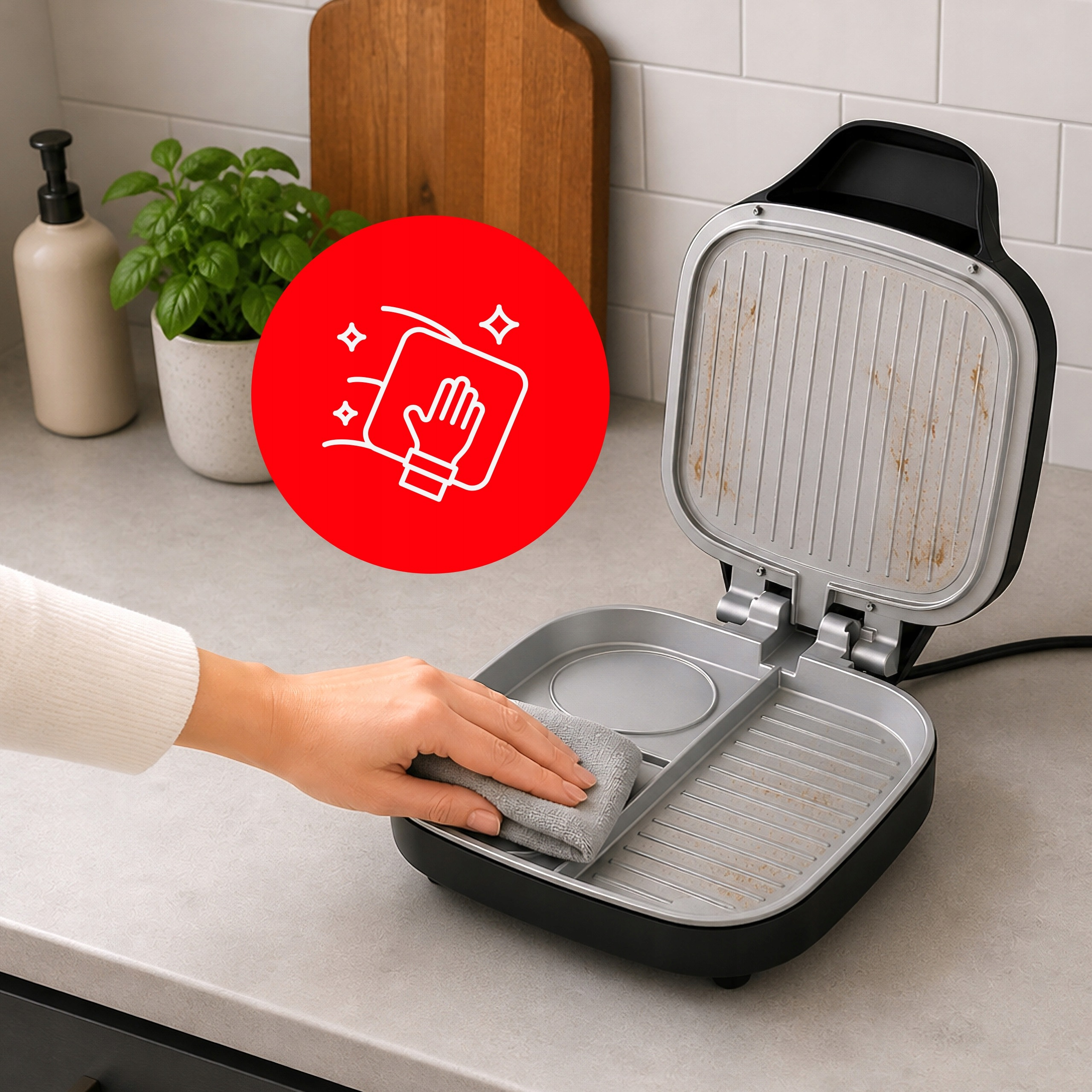 Eine Hand wischt mit einem grauen Tuch die Fläche eines offenen Elektrogrills auf einer Küchenarbeitsplatte ab.