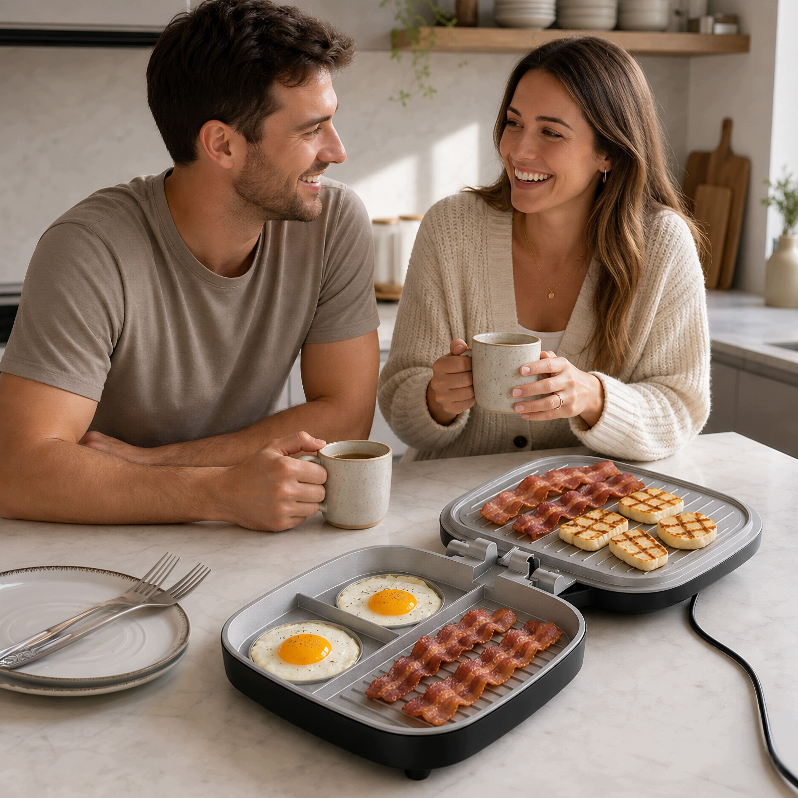 Ein glückliches Paar genießt Kaffee an einer Kücheninsel mit einem Elektrogrill, auf dem Eier, Speck und Käse braten.