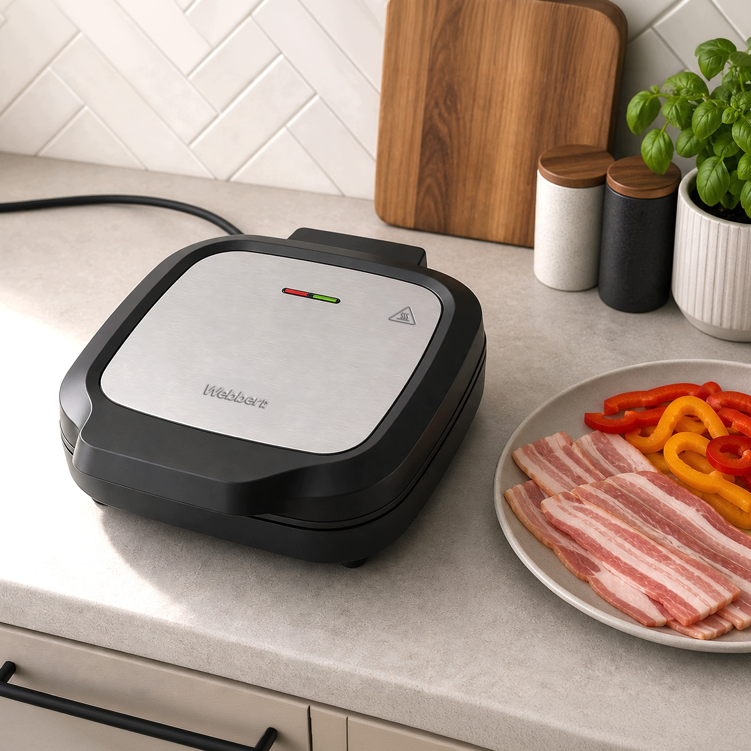 Ein geschlossener Sandwichtoaster auf einer Küchentheke neben einem Teller mit rohem Speck und geschnittenen Paprika.