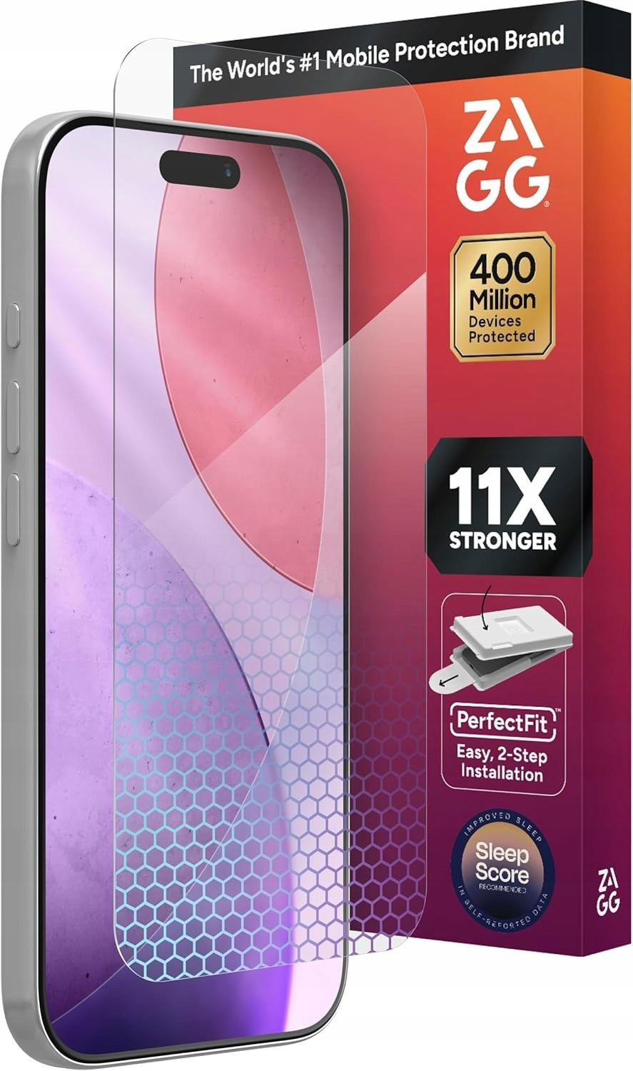 Smartfon z przezroczystą folią ochronną i czerwonym opakowaniem Zagg w tle.