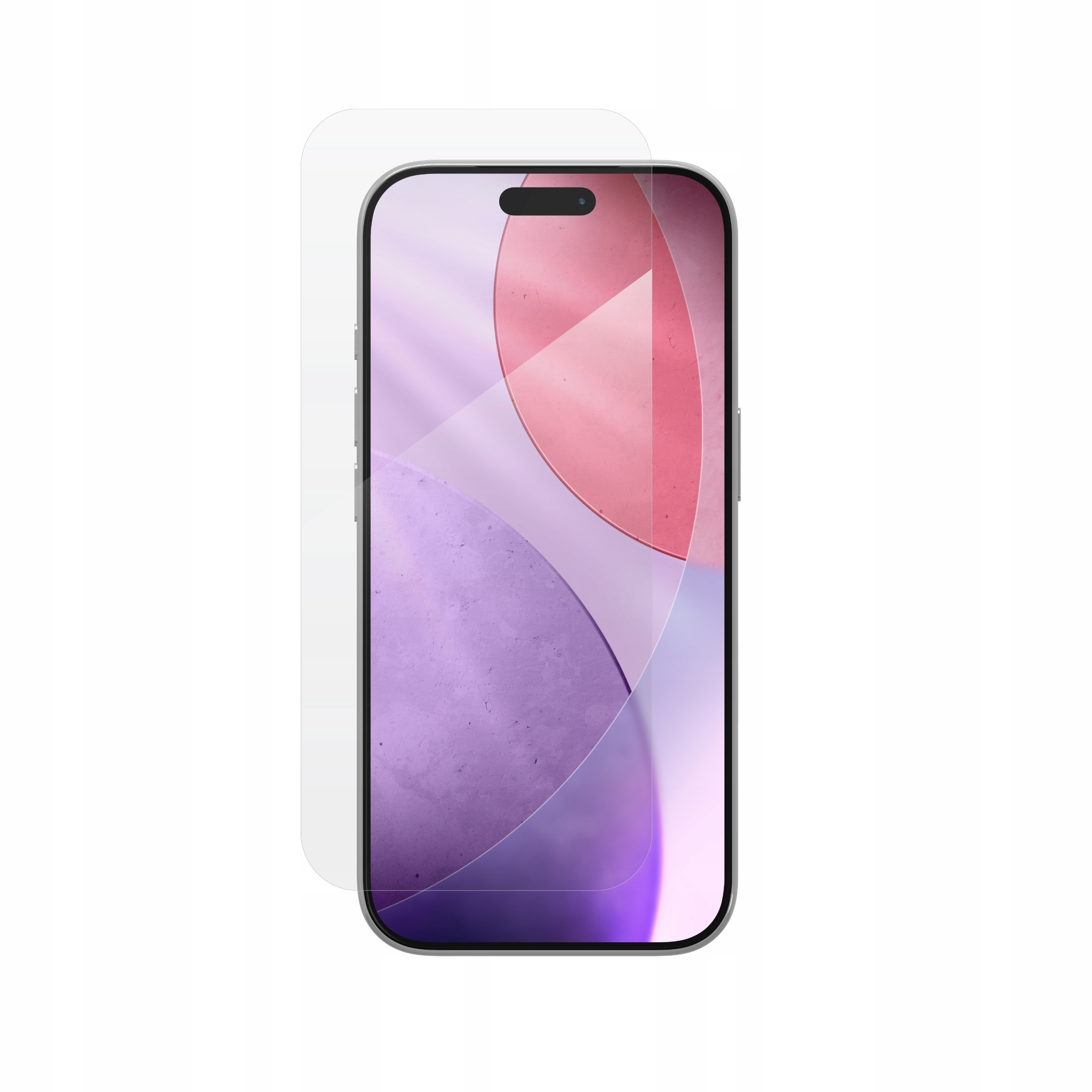 Smartfon z błyszczącym szkłem ochronnym na ekran na białym tle.