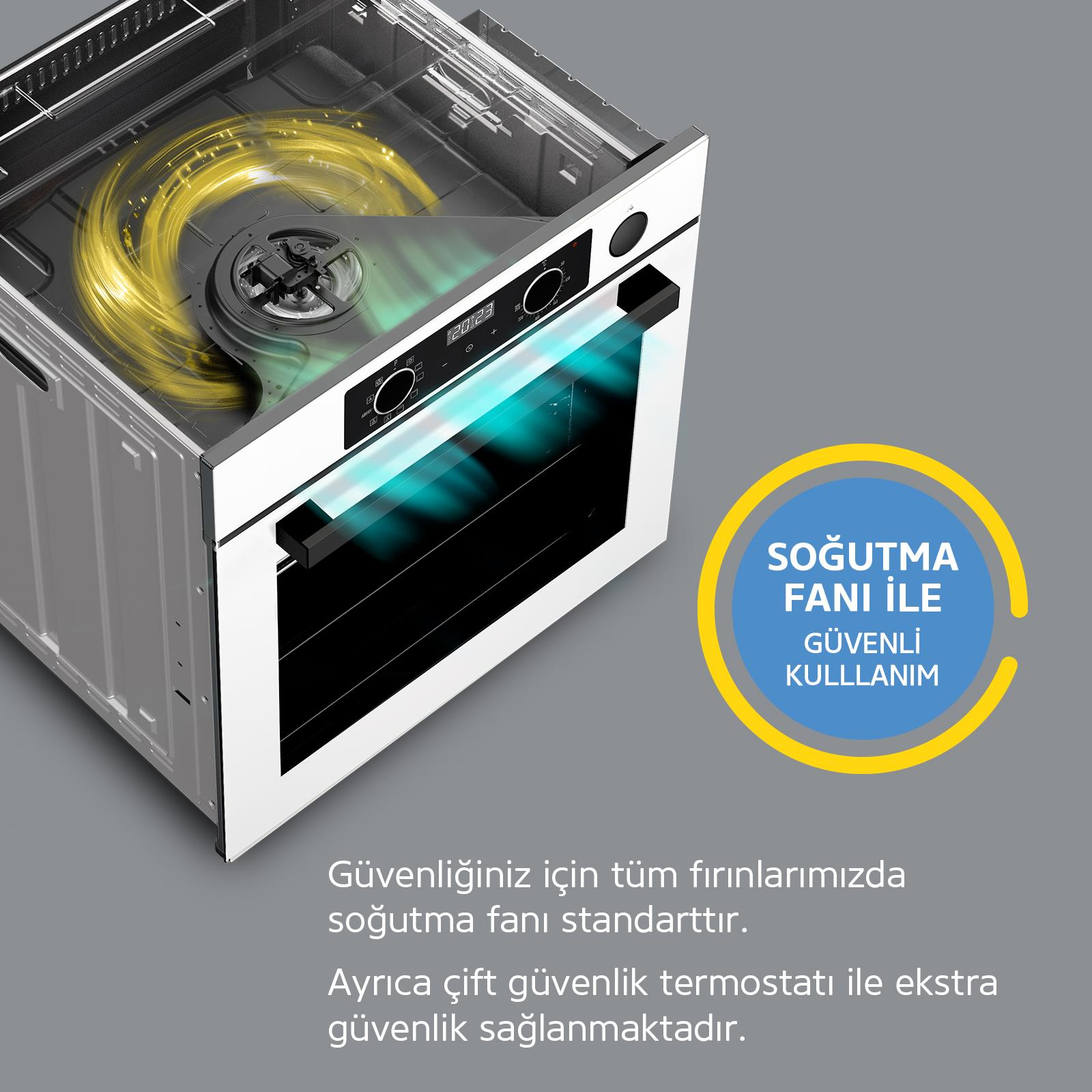 Soğutma fanı hava sirkülasyonunu ve turkuaz soğutma etkilerini gösteren üstü açık beyaz fırın.