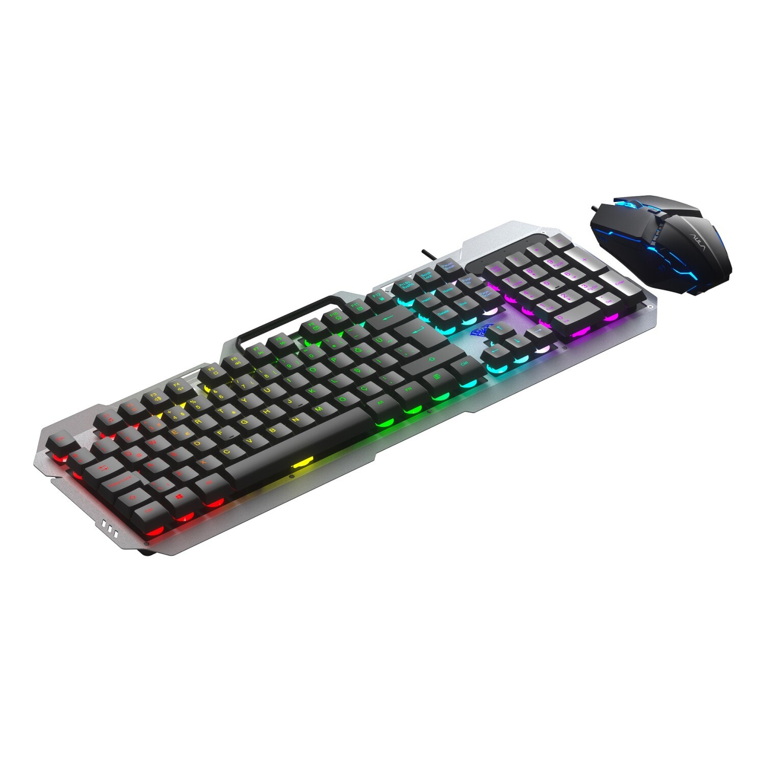 Beyaz arka plan üzerinde açık gri bir tabanda canlı RGB arka aydınlatmalı siyah bir oyuncu klavyesi ve faresi.