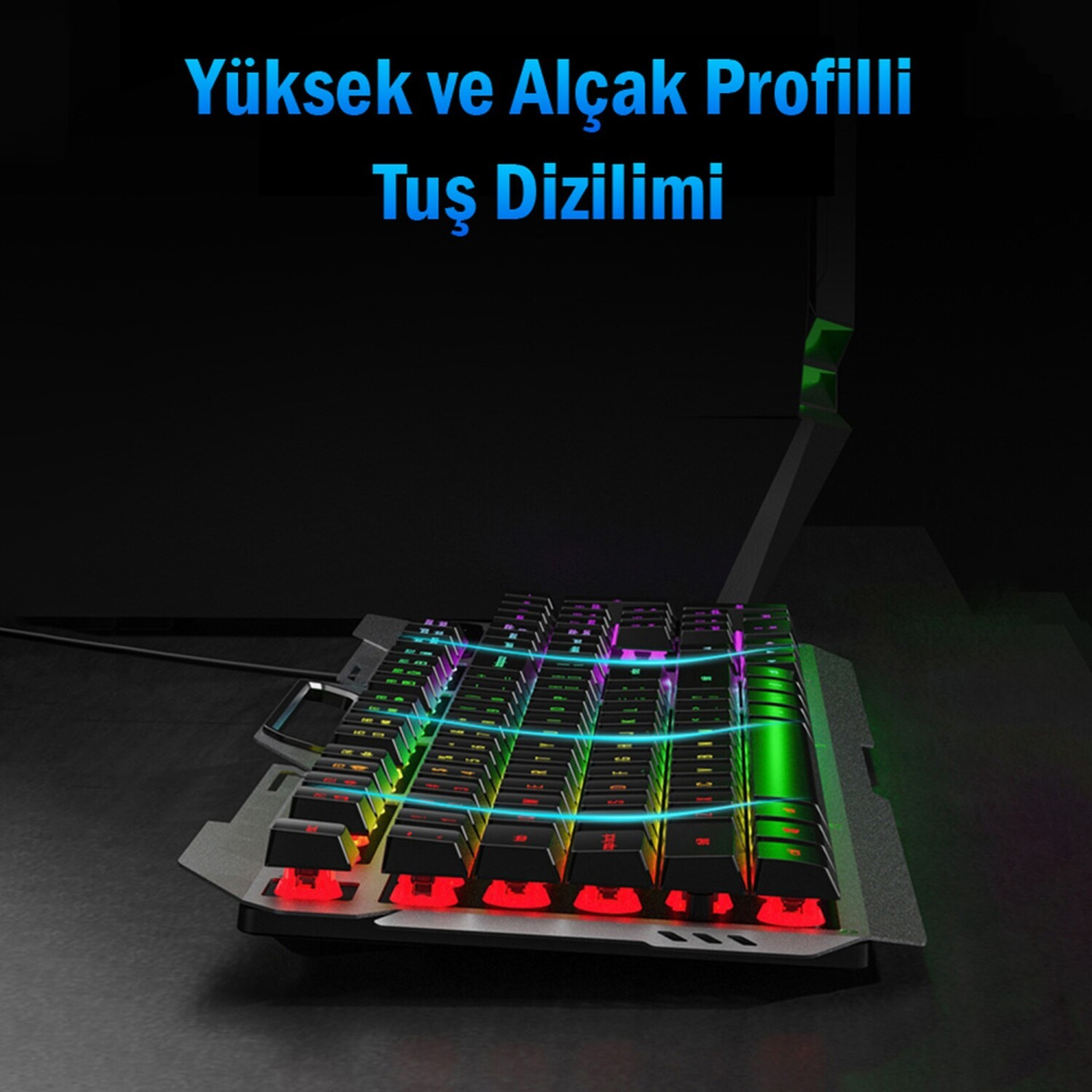 Siyah arka plan üzerinde RGB aydınlatmalı mekanik oyuncu klavyesi.
