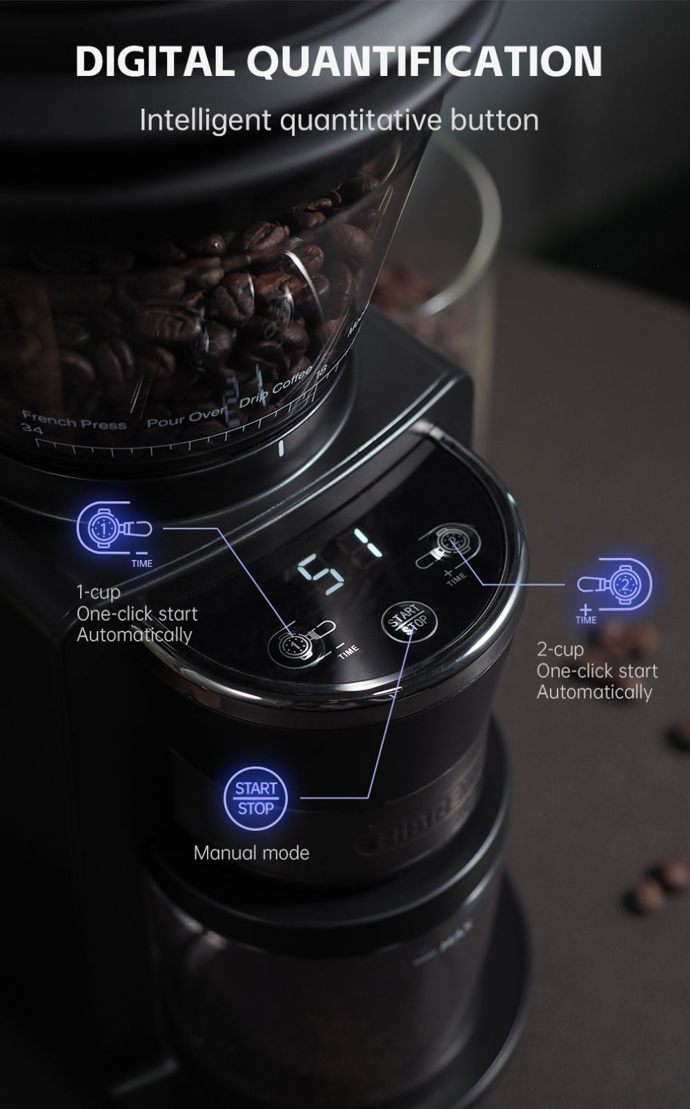 Un macinacaffè nero con display digitale, tramoggia per chicchi e controlli touch per le modalità e avvio/arresto.