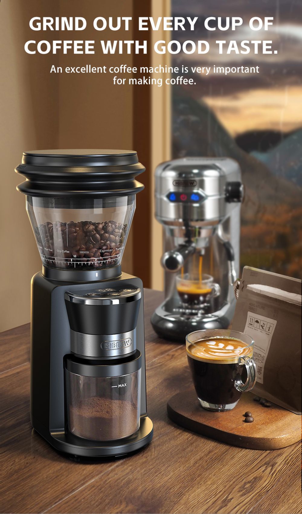 Un macinacaffè in primo piano, una macchina per espresso sullo sfondo e una tazza di caffè su un tagliere.