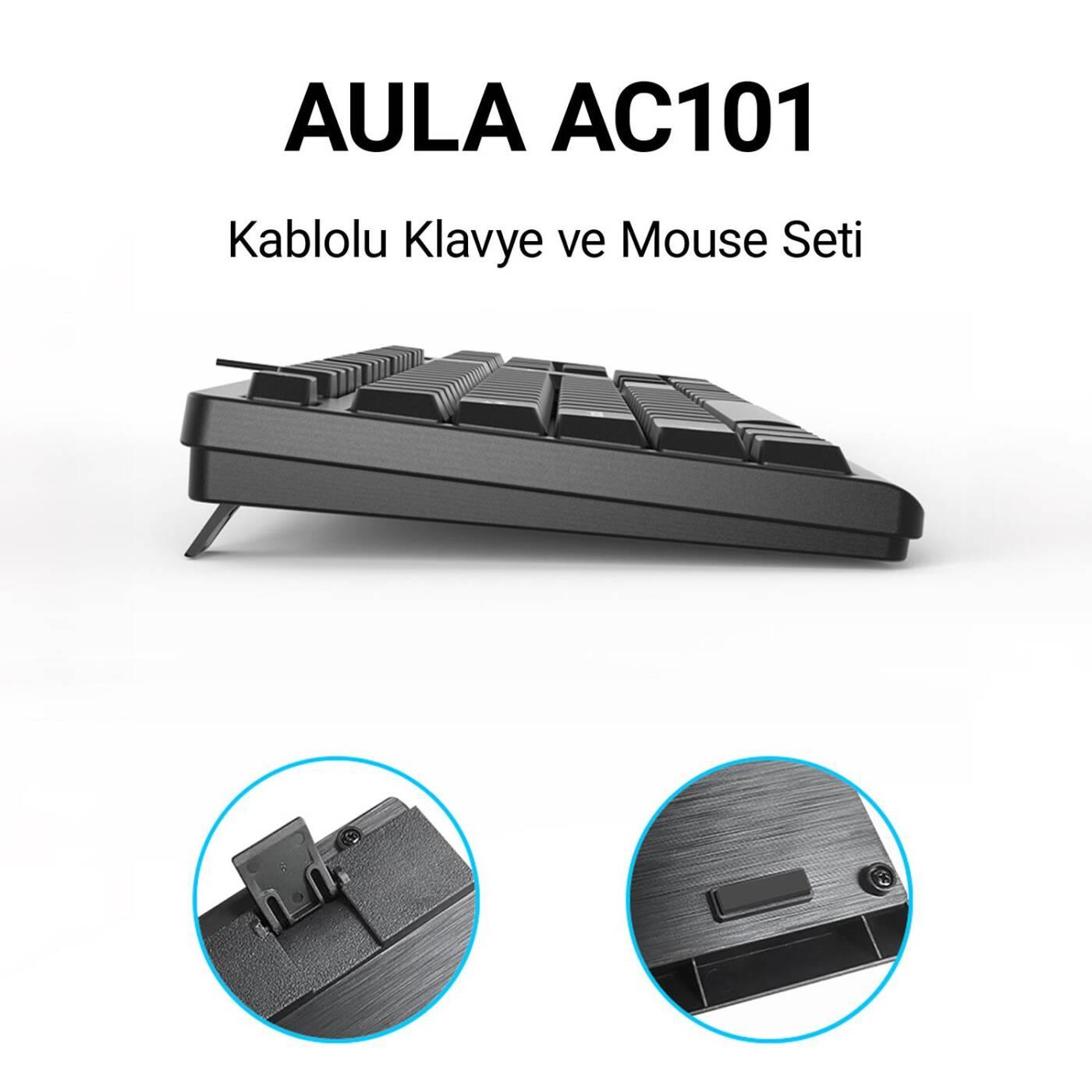 AULA AC101 kablolu klavye ürün görseli, siyah klavyeyi açılı ve iki detay görseliyle gösteriyor.