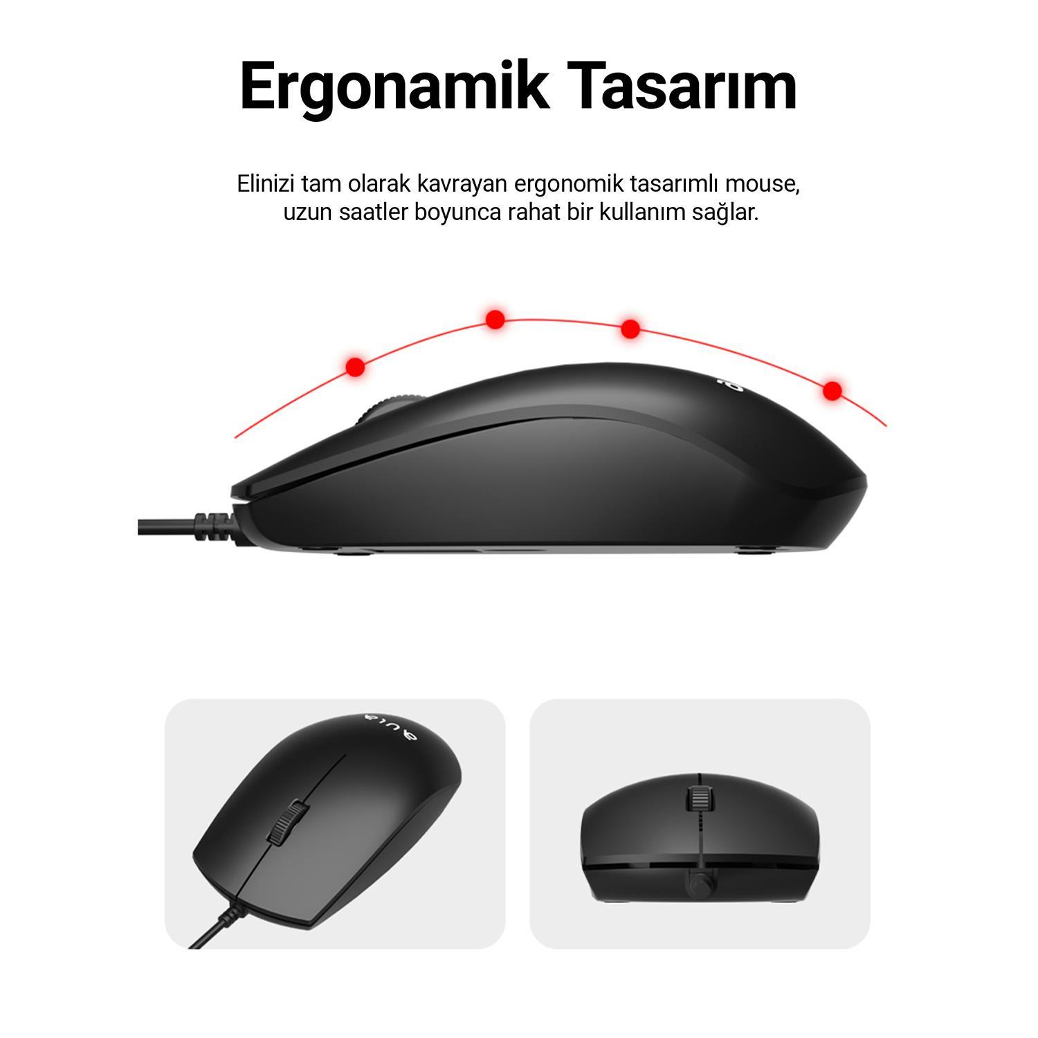 Yandan ve alt iki açıyla gösterilen ergonomik tasarımlı siyah bilgisayar faresi.