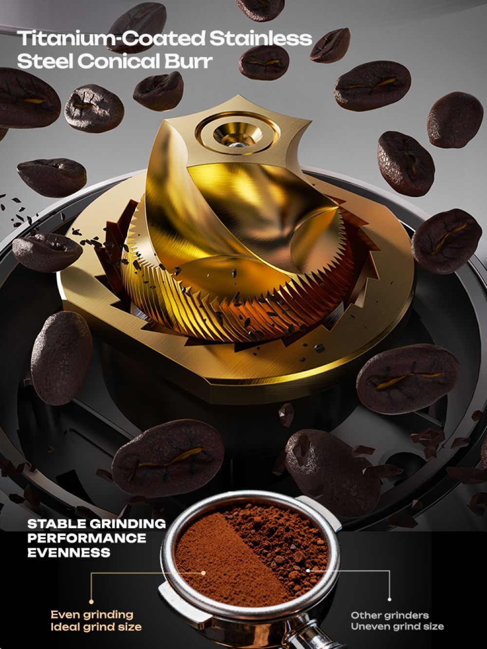 Macina per caffè conica dorata circondata da chicchi e caffè macinato.