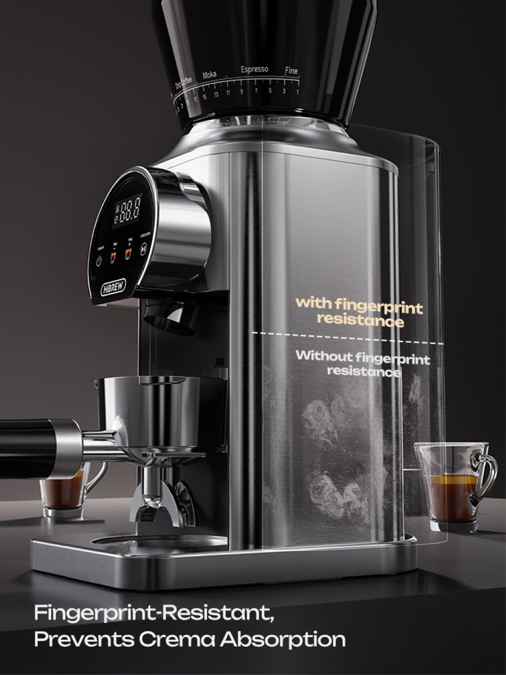 Macinacaffè in acciaio inossidabile con display e resistenza alle impronte.