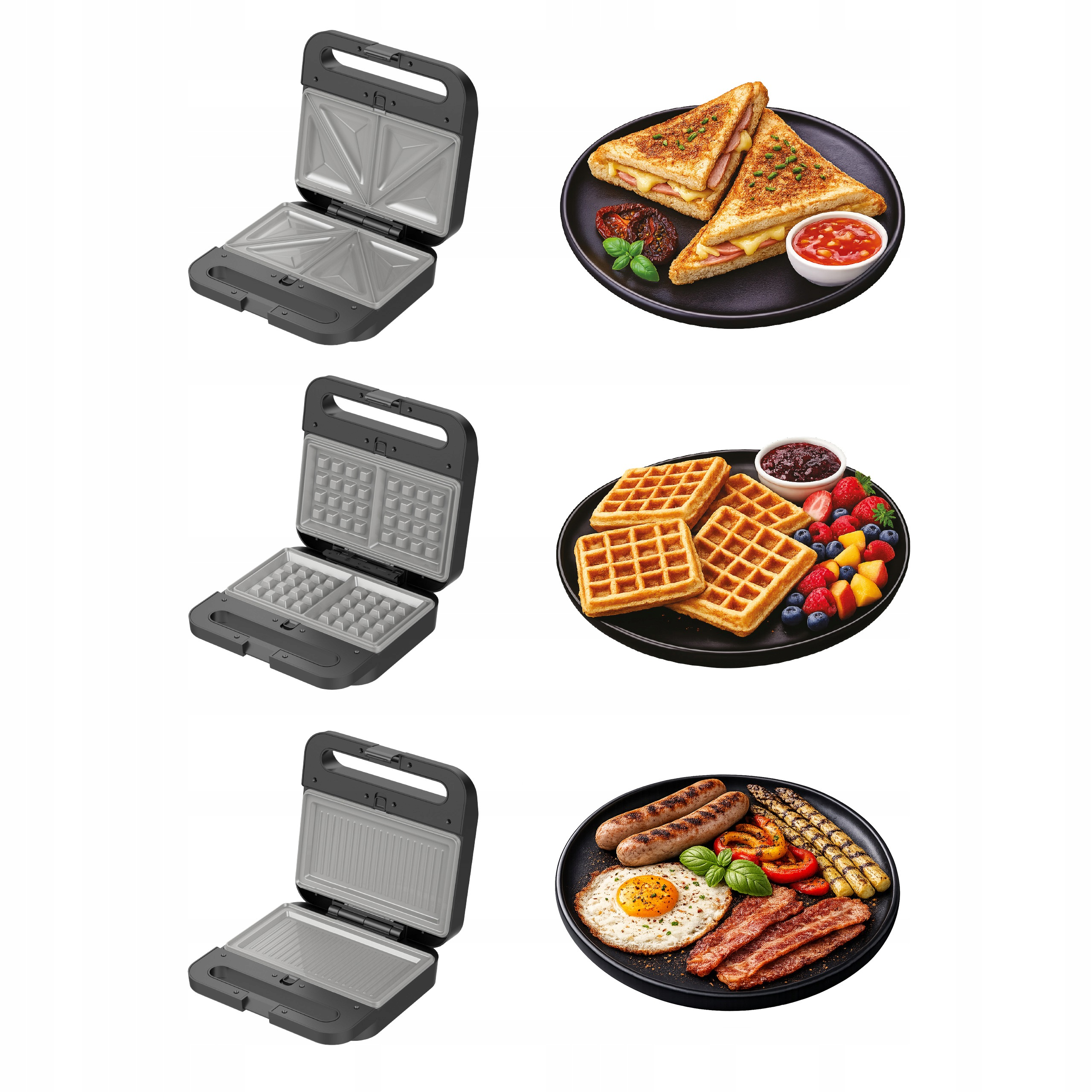 Drei Sandwichmaker mit verschiedenen auswechselbaren Platten und dazu passenden Mahlzeiten auf Tellern.
