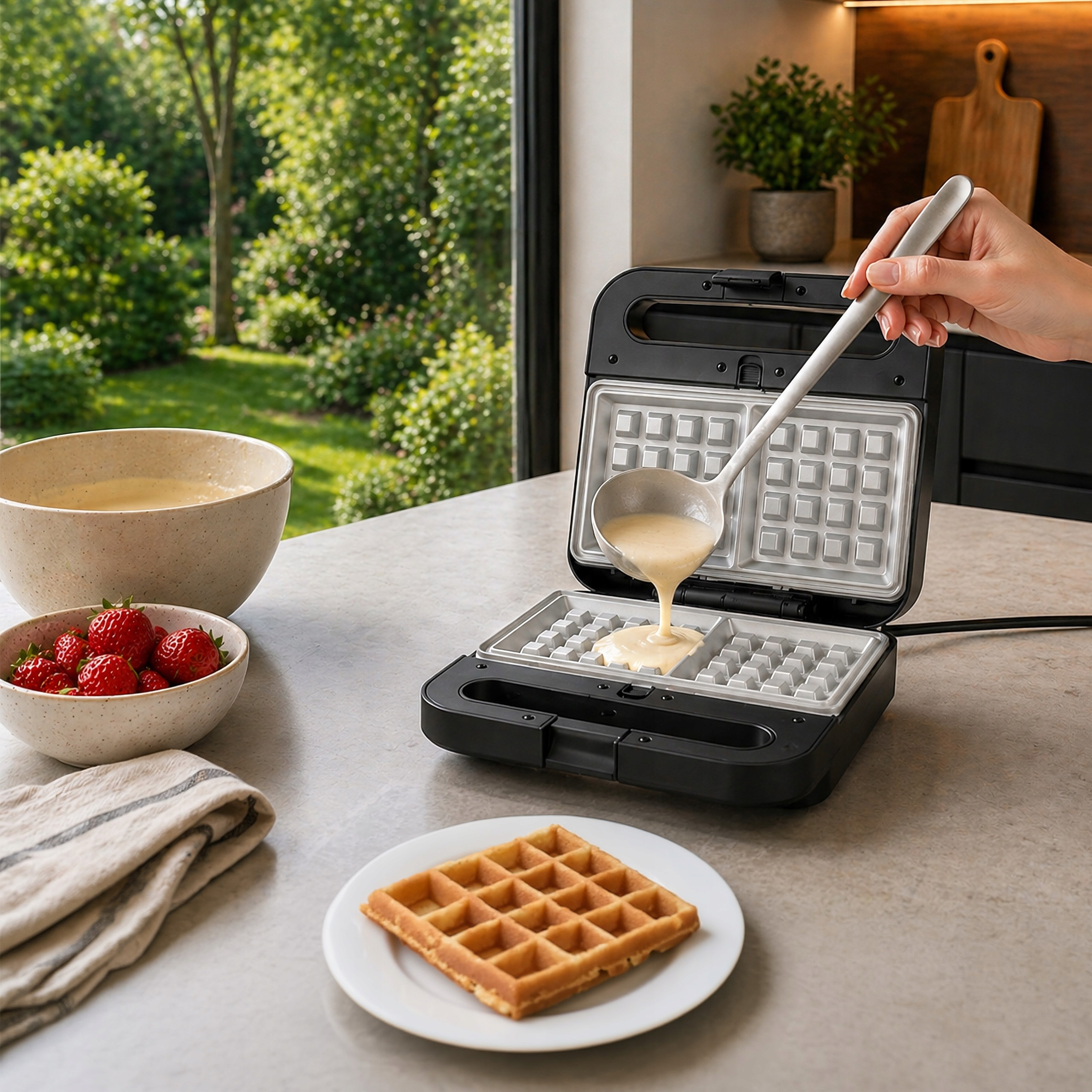 Hand giesst Teig aus Schöpflöffel in Waffeleisen, daneben Erdbeeren und fertige Waffel.
