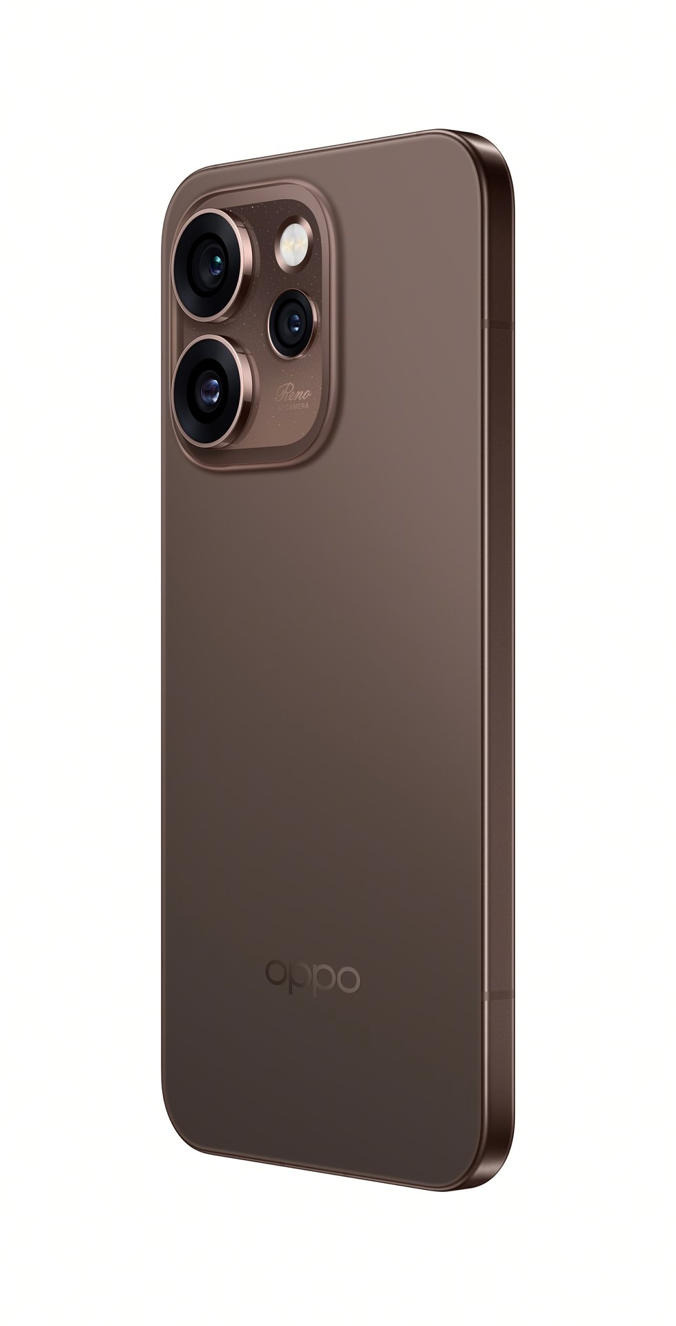 Rückansicht eines braunen Oppo-Smartphones mit Dreifachkamera und Logo auf weißem Hintergrund.