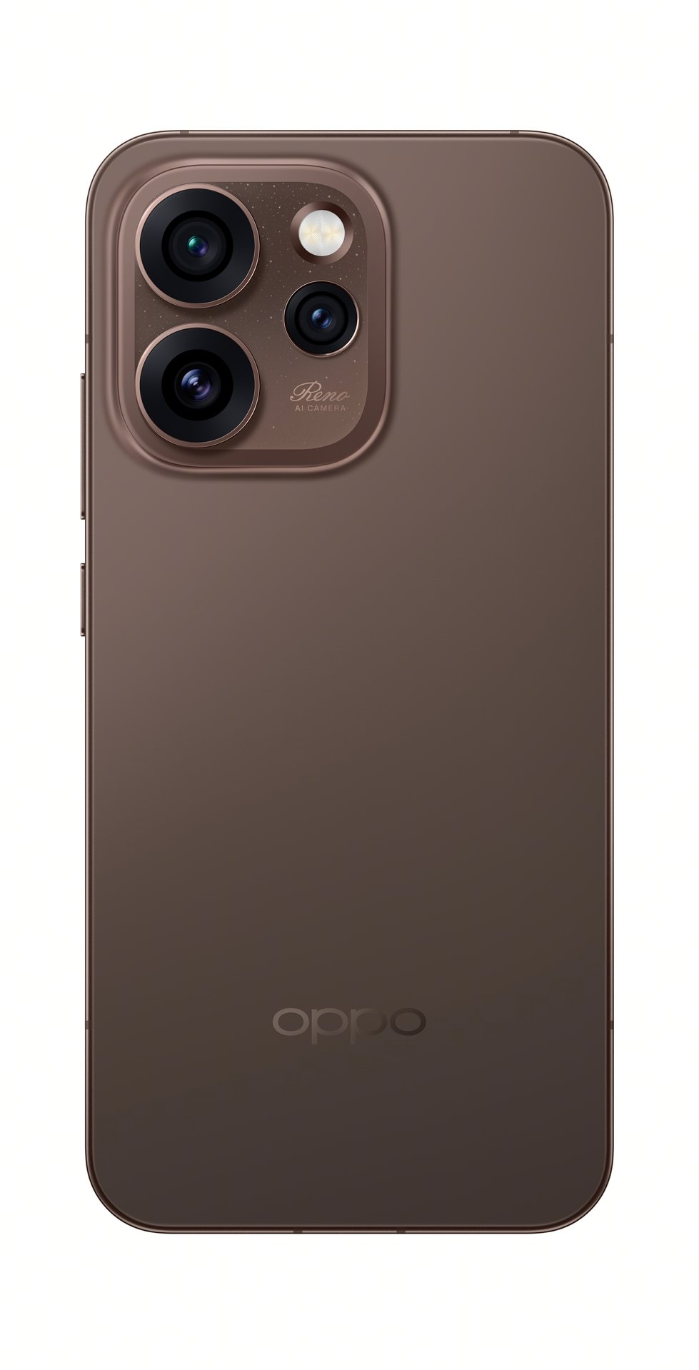 Rückseite eines braunen Oppo-Smartphones mit dreifacher Kamera und Markenlogo.