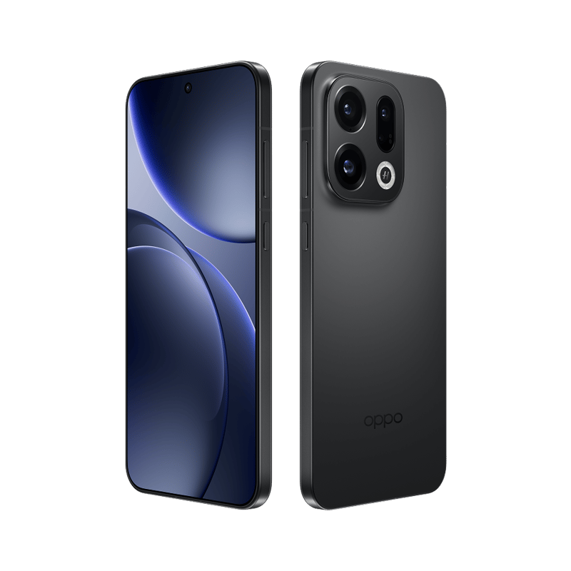 Due viste di uno smartphone Oppo nero, che mostra lo schermo curvo e la fotocamera posteriore multi-lente su sfondo nero.
