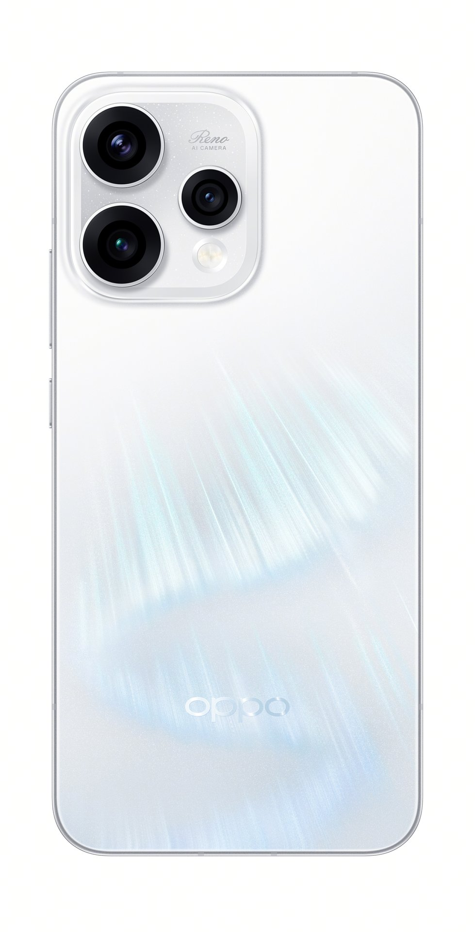 Dos blanc d'un smartphone OPPO Reno avec un triple appareil photo et un motif scintillant.