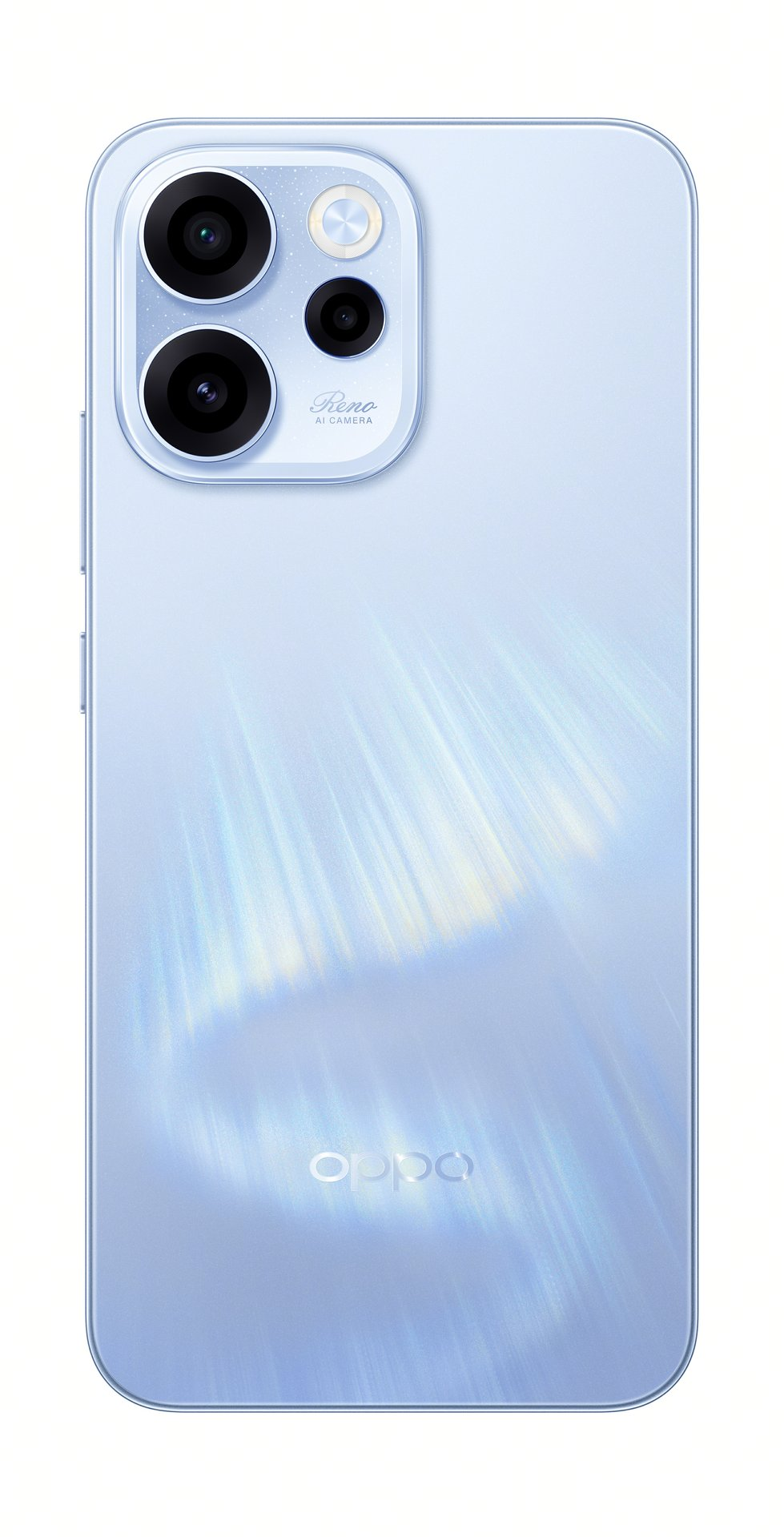 Parte trasera de un smartphone Oppo azul claro con triple cámara y patrón brillante.
