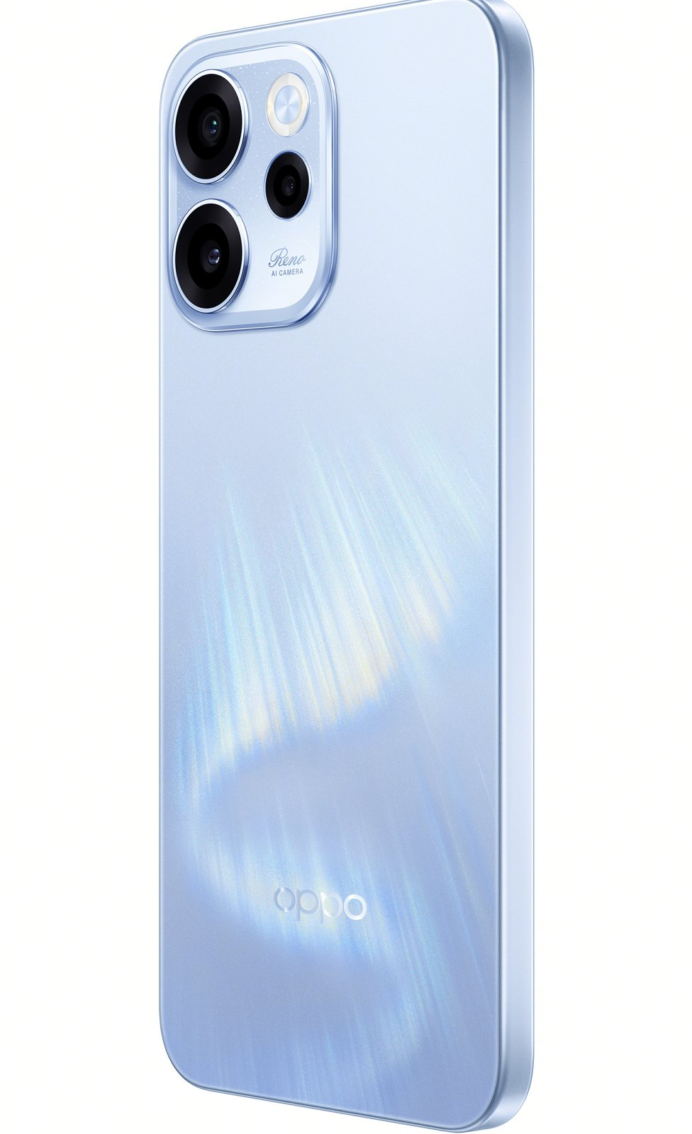 Parte trasera de un smartphone Oppo azul claro con un módulo de cámara vertical y un patrón brillante.