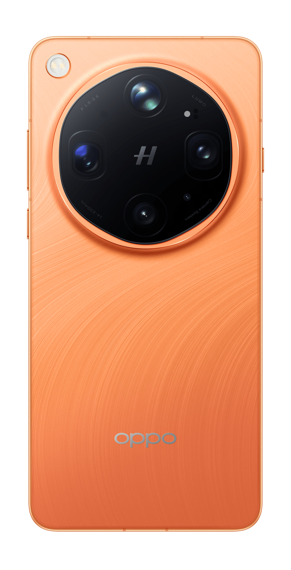 Rückseite eines orangefarbenen Oppo-Smartphones mit großem runden Kameramodul und Hasselblad-Logo.