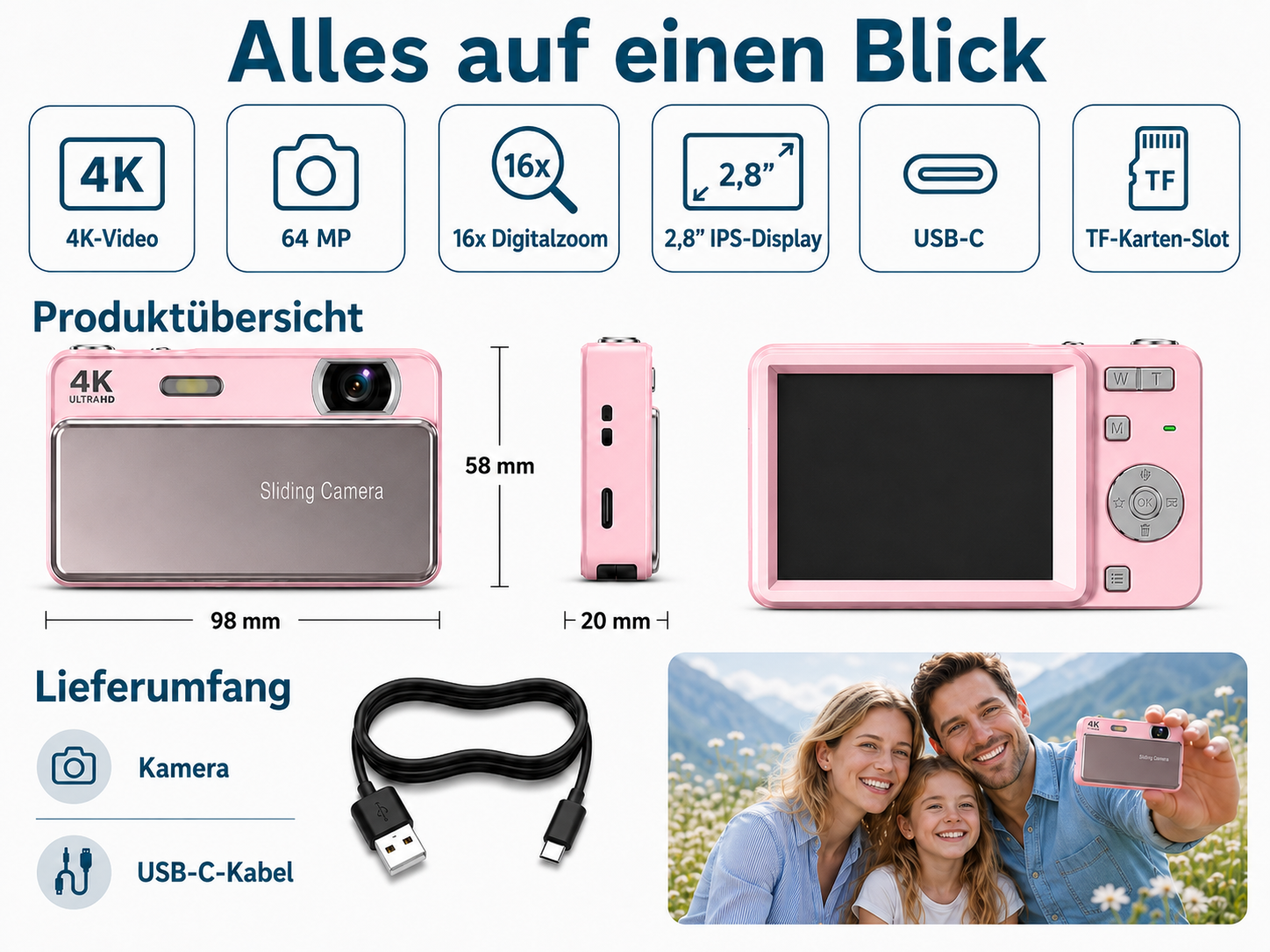 Rosa Digitalkamera mit Funktionen, Maßen, USB-C-Kabel und einer Familie beim Selfie.