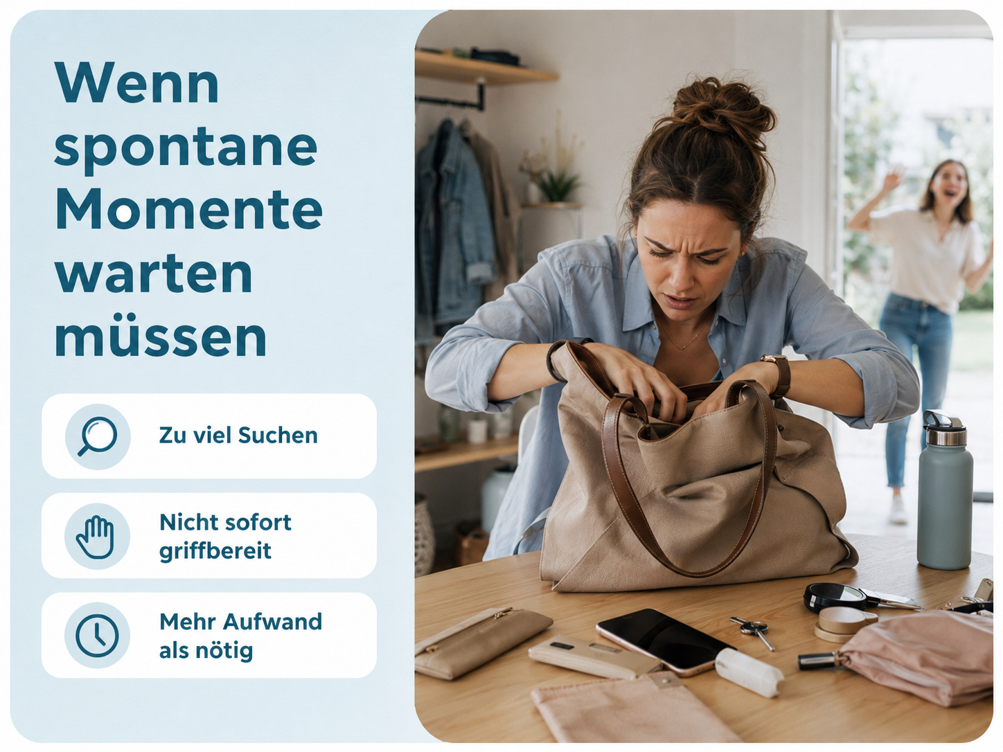 Eine Frau sucht hektisch in ihrer Handtasche, mit deutschem Text und Symbolen links und einer Freundin im Hintergrund.