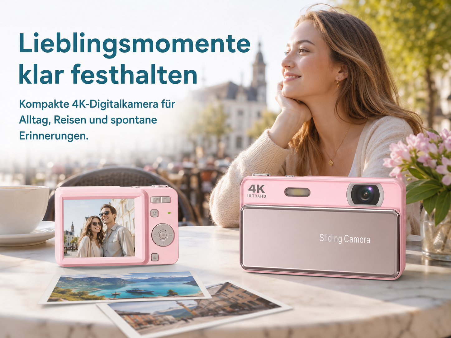 Eine rosafarbene 4K-Kamera auf einem Tisch mit Fotos und einer lächelnden Frau im Hintergrund.