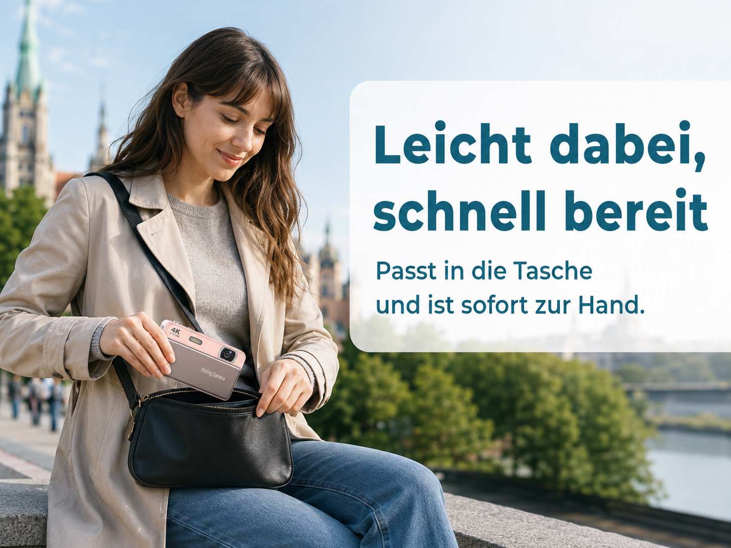 Eine Frau nimmt eine kleine rosafarbene Kamera aus ihrer schwarzen Umhängetasche, im Hintergrund eine Stadtkulisse.