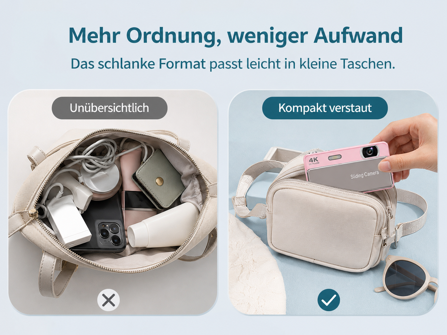 Vergleich zweier Taschen: Links unübersichtlich voll, rechts ordentlich mit einer Hand verstauter pinker Kamera.