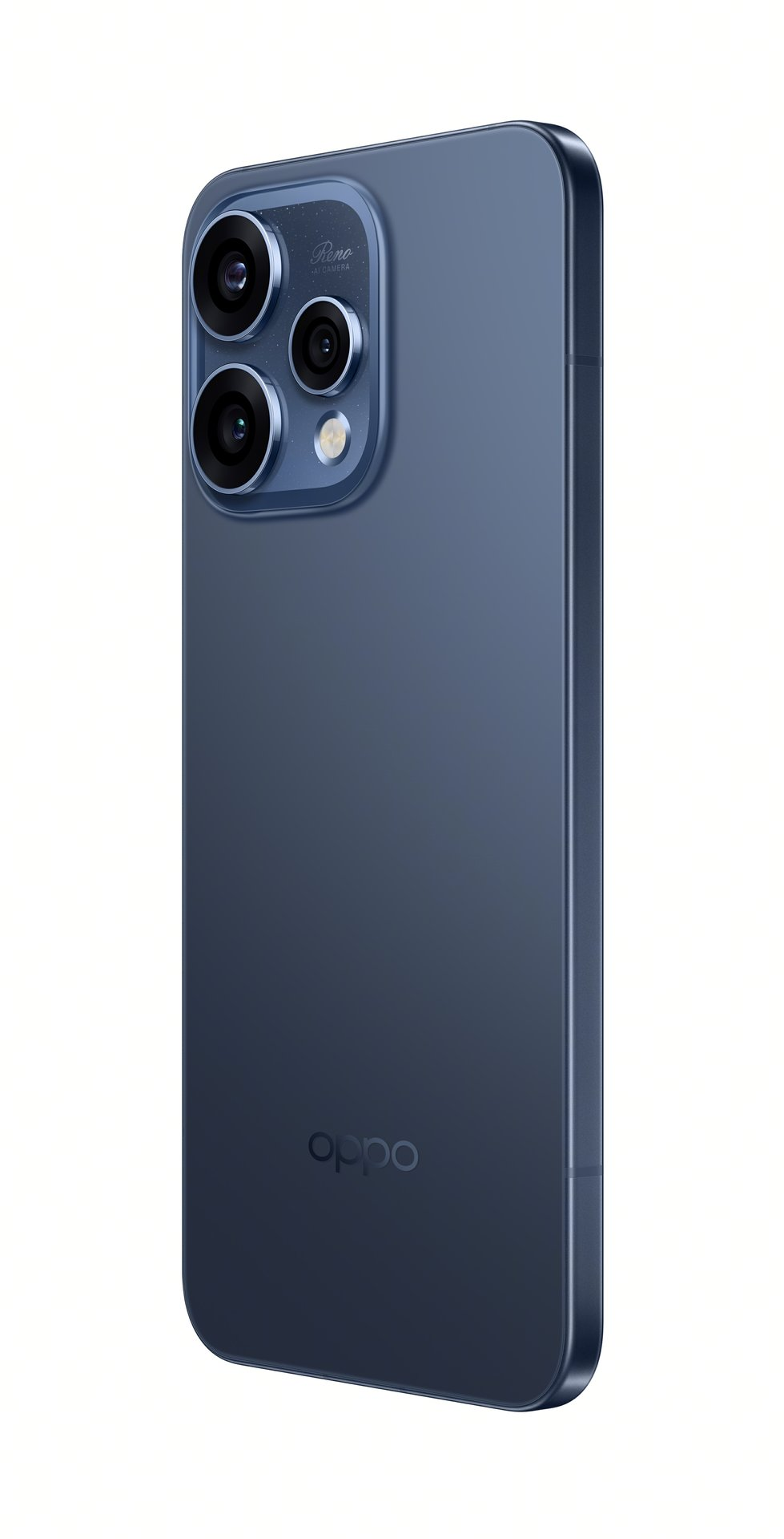 Dos bleu d'un smartphone Oppo doté d'un triple appareil photo et d'un flash.