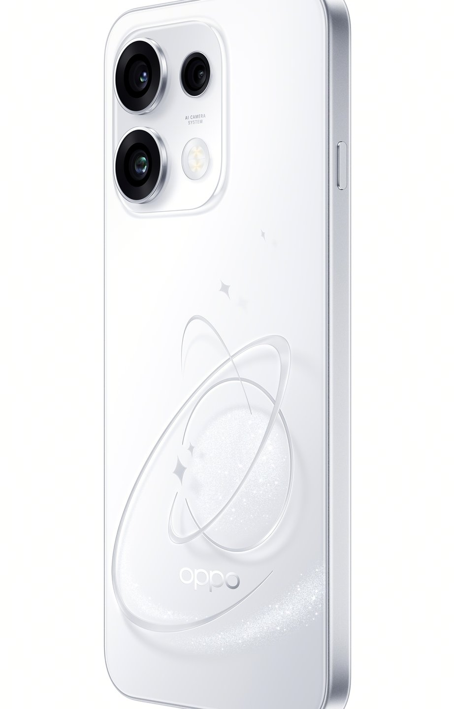 Dos d'un smartphone Oppo blanc avec double caméra et design Saturne.