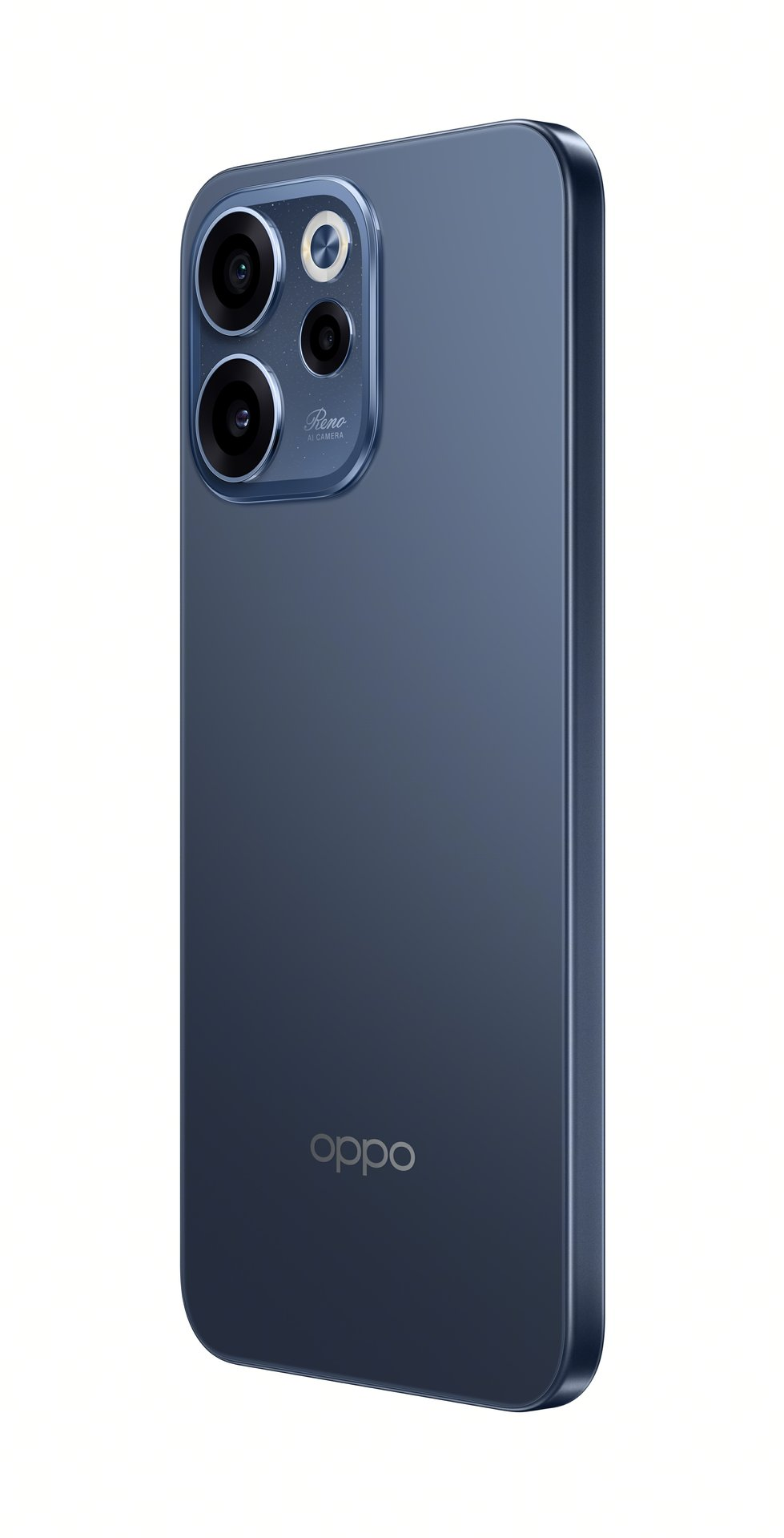 Vista trasera de un smartphone Oppo azul oscuro con triple cámara y logotipo de la marca.