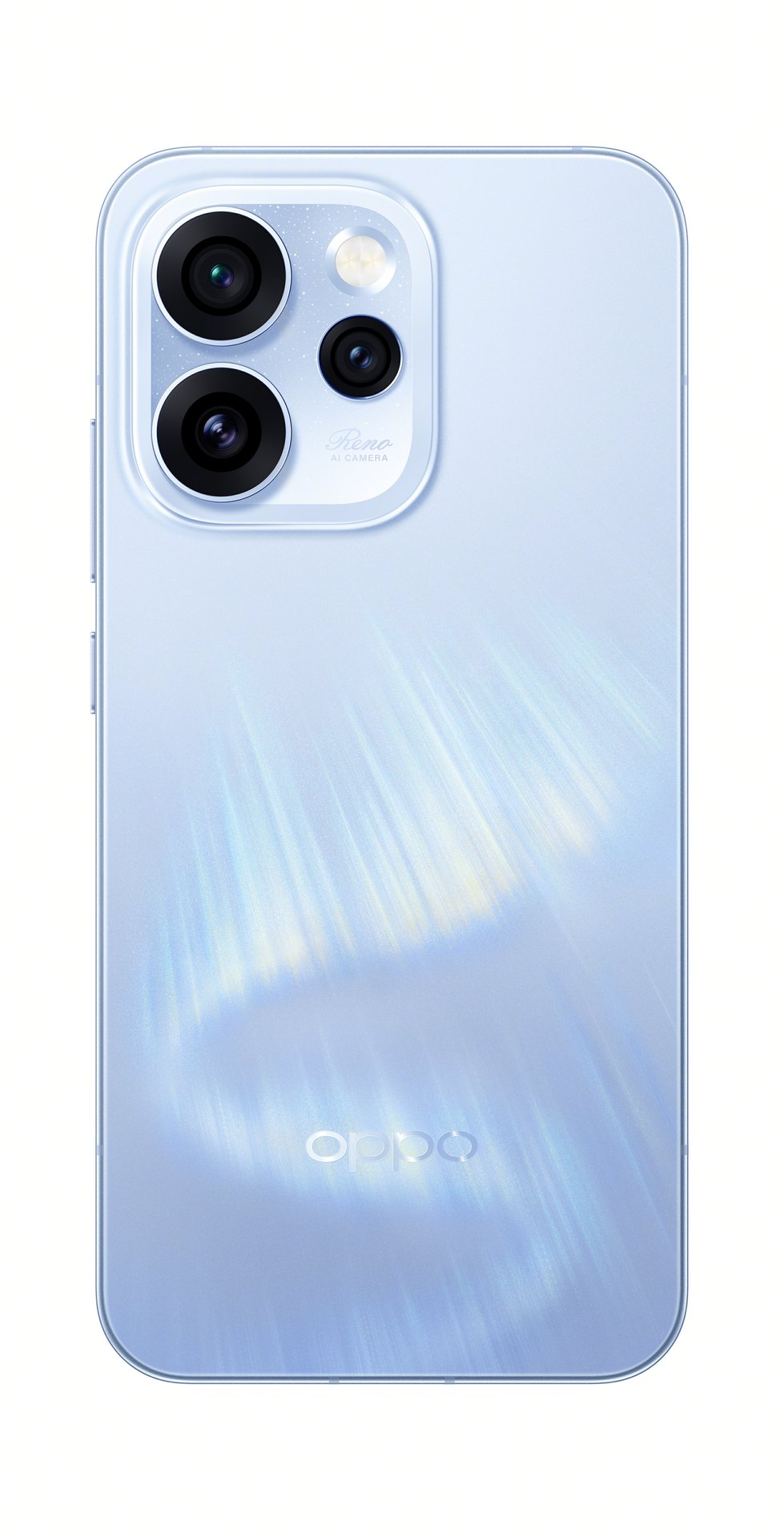 Rückseite eines blauen Oppo-Smartphones mit dreifacher Kameralinse und glänzendem Lichtmuster.