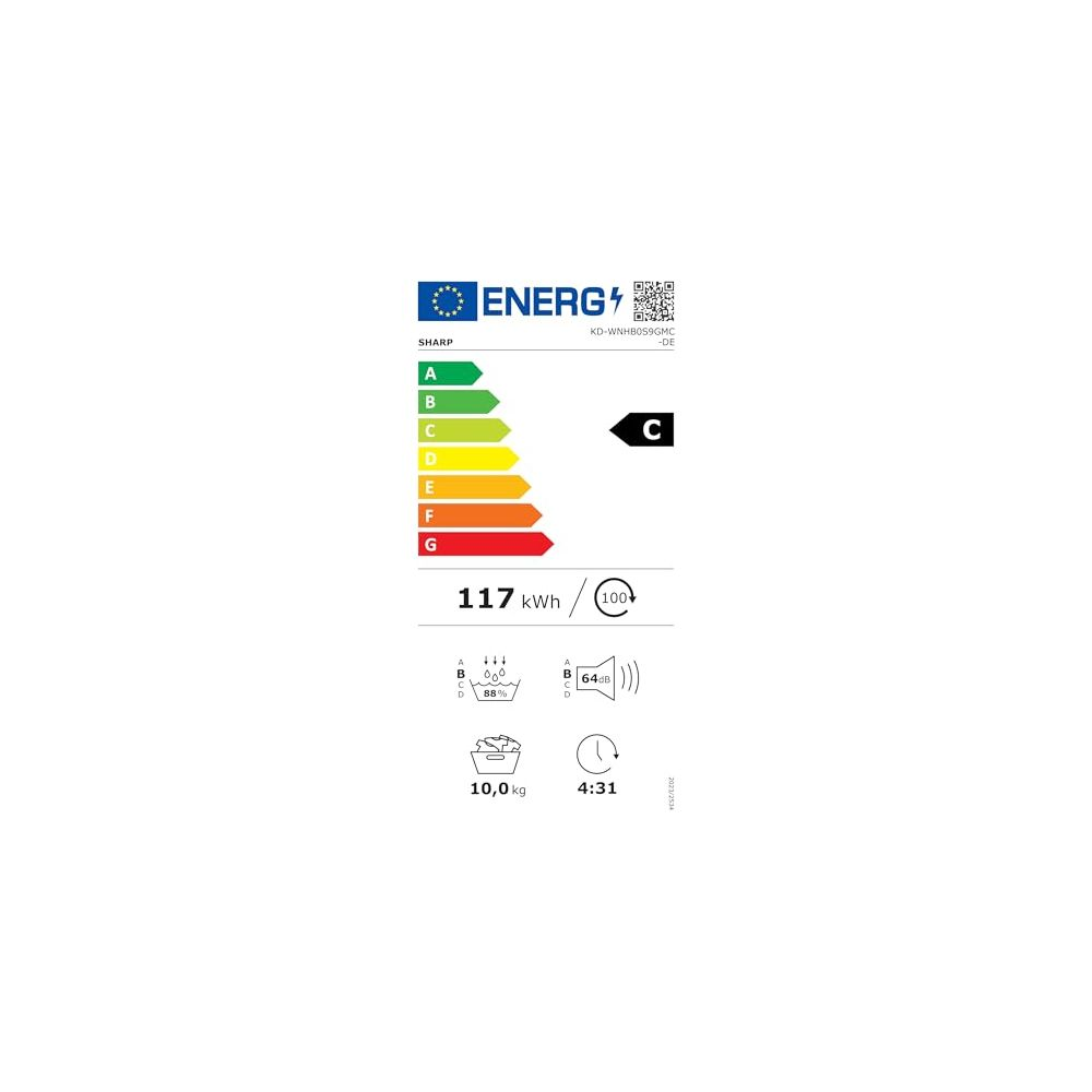 Energieeffizienzlabel C, zeigt 117 kWh Verbrauch, 10,0 kg Kapazität und 64 dB Geräuschpegel.
